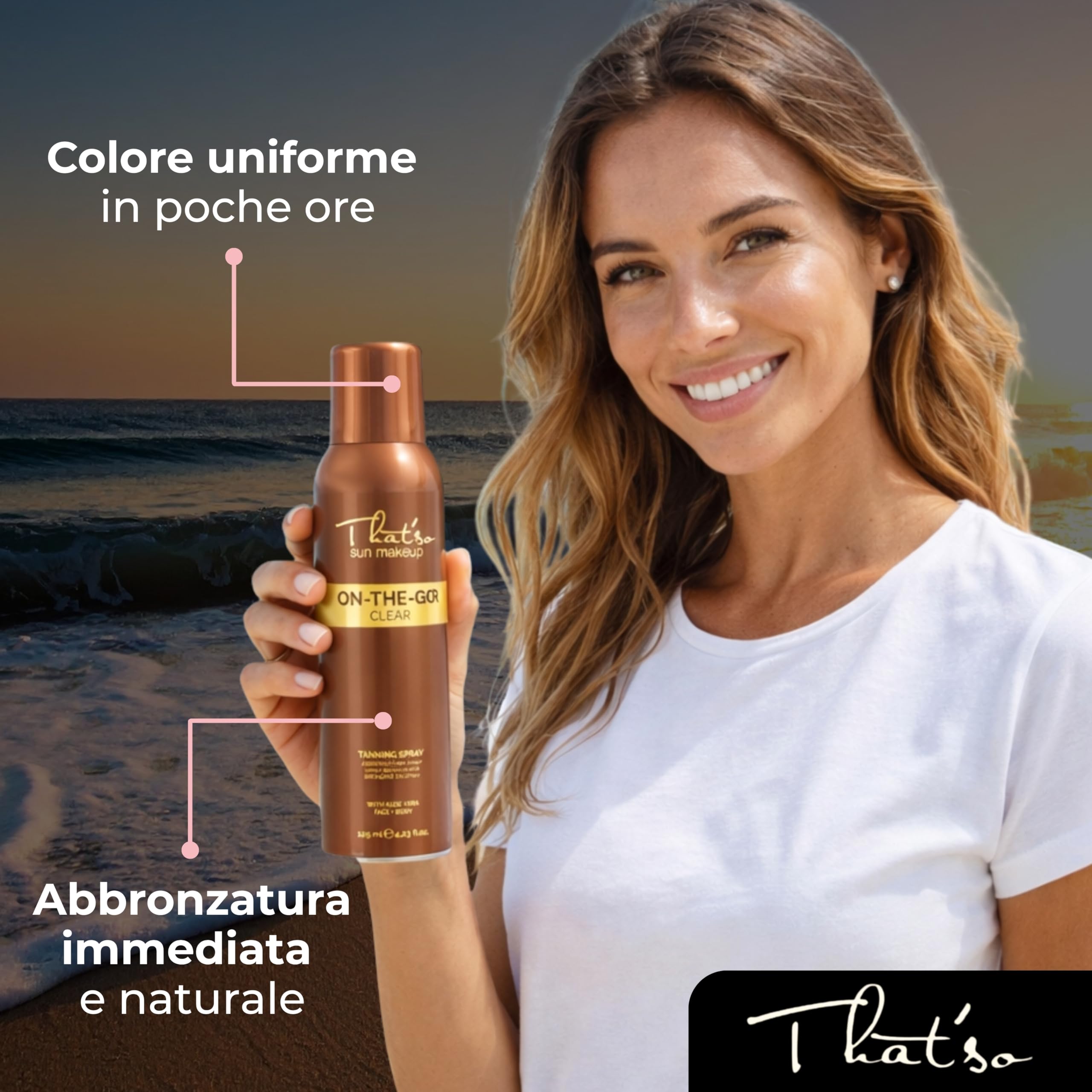 That’so Spray Autoabbronzante Viso e Corpo 125 ml On The Go Clear Abbronzatura Istantanea Naturale Effetto Bronze, Lunga Durata, con DHA da Canna da Zucchero, Aloe Vera e Peptide Anti-Età