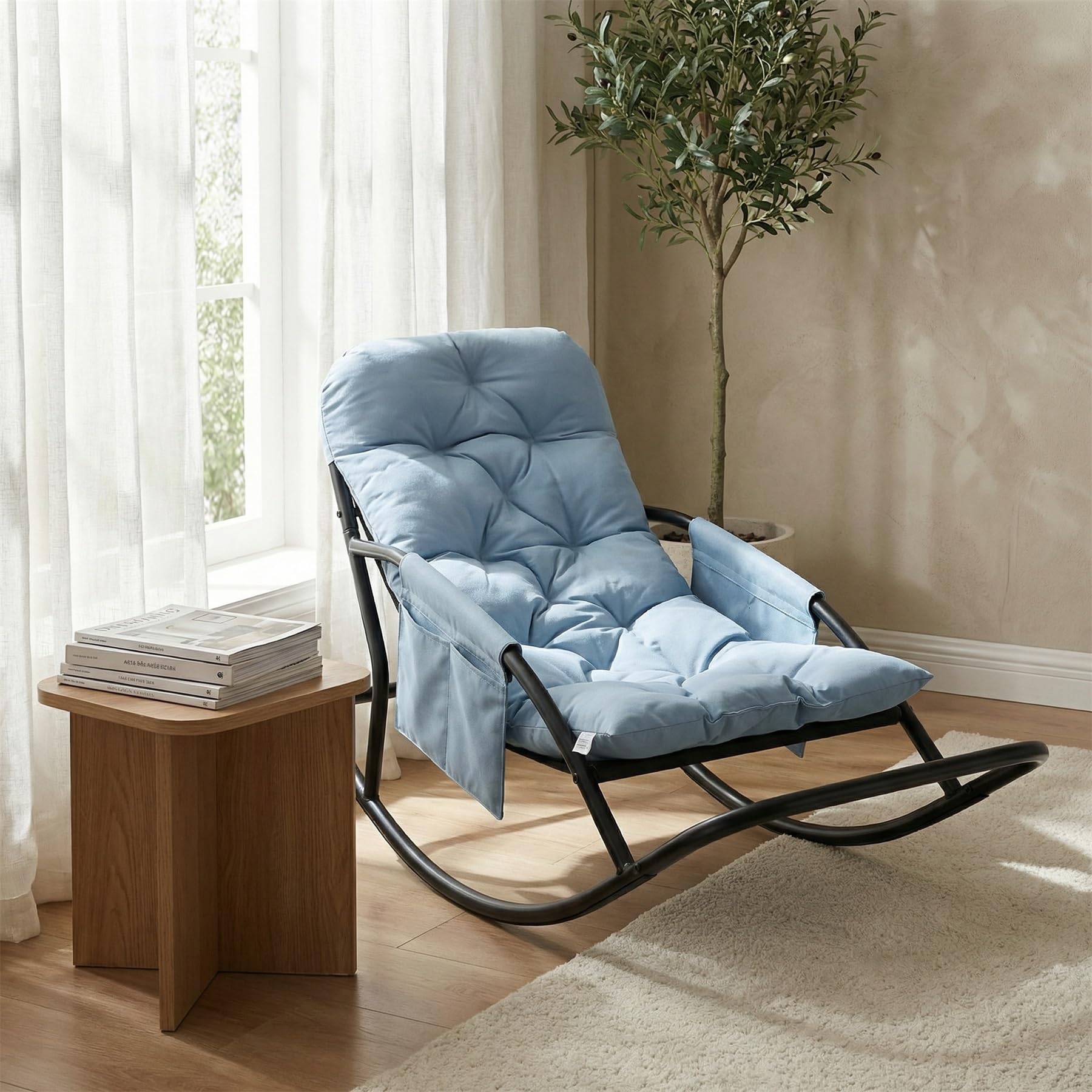 Fauteuil à Bascule Extérieur, Rocking Chair Papasan avec Coussin et Cadre, Cadre en métal Soutien des Pas, pour Chambre, Salon, Terrasse, Jardin,capacité de Charge 120 kg,Tissu Technique
