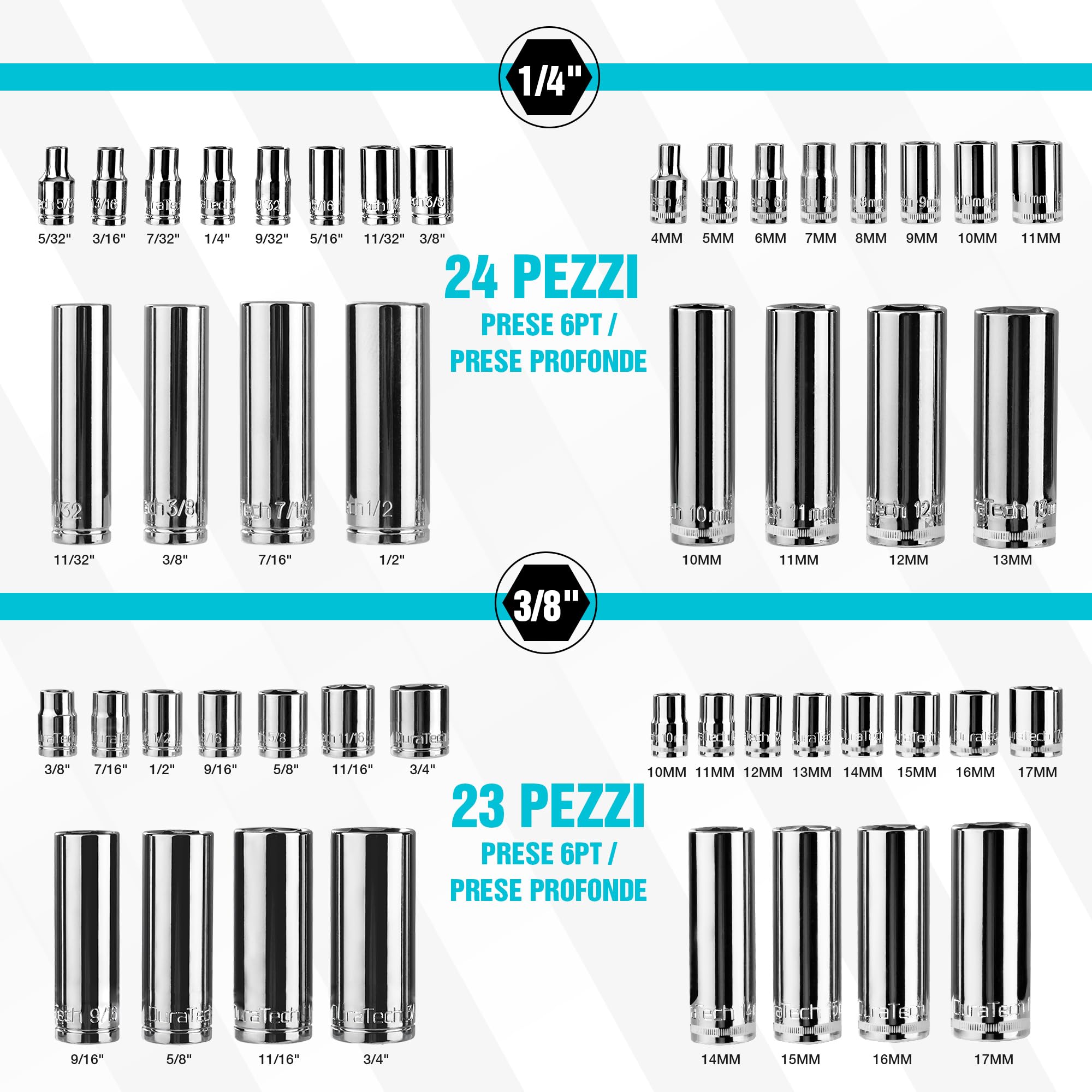 DURATECH Set di Attrezzi per Meccanica da 121 Pezzi, Set di Chiavi a Bussola, 1/4" e 3/8", Cricchetto a 72 Denti, Acciaio Cr-V, con Scatola, Include Cacciavite e Punte, Ideale per Lavori Meccanici