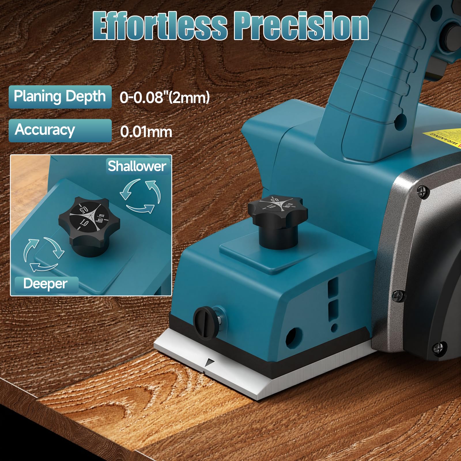 Rabot Sans Fil Compatible avec Makita 18V Batterie, 15000RPM Raboteuse Électrique à Une Main avec 2×4.0Ah Batterie, Largeur de Rabotage 82mm, Profondeur de Coupe 0-2mm