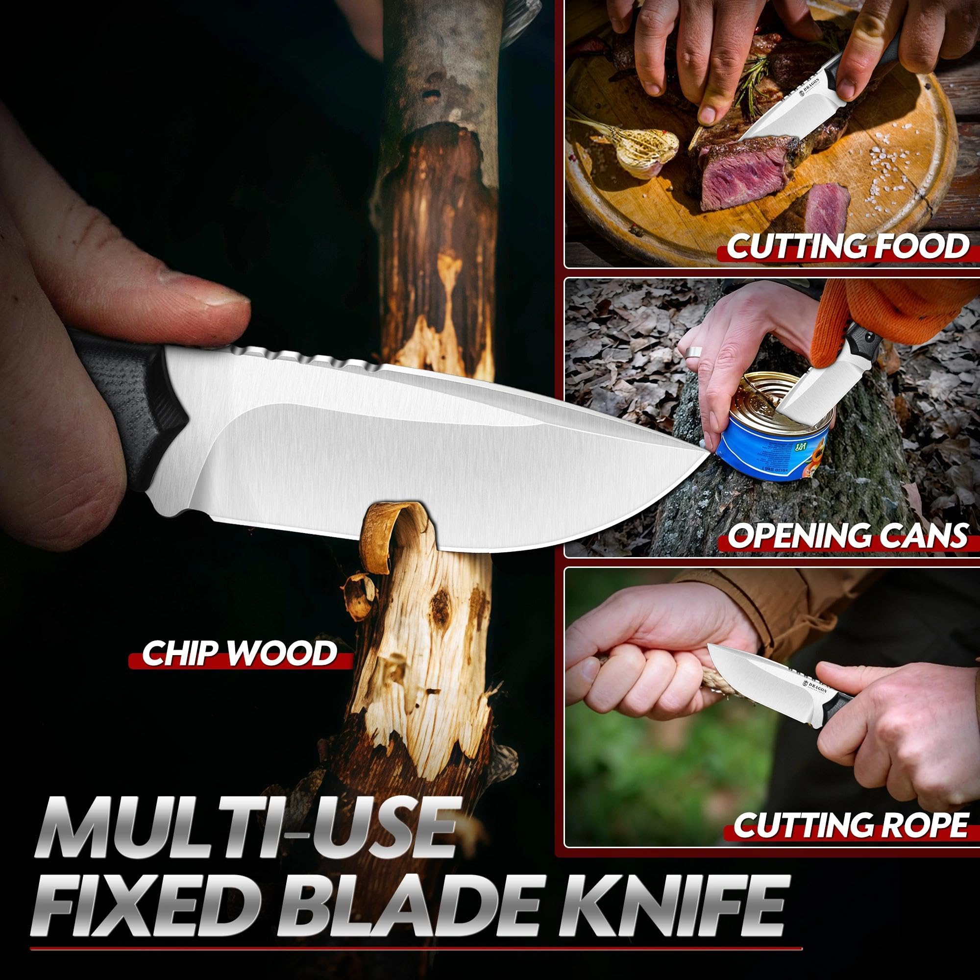 Dragon Creek Kompaktes Outdoor Messer feststehend D2 Stahl, Drop Point Jagdmesser mit G10 Griff, Full Tang EDC Messer mit Kydex Scheide, kleines Camping Bushcraft Messer(Schwarz) - 3