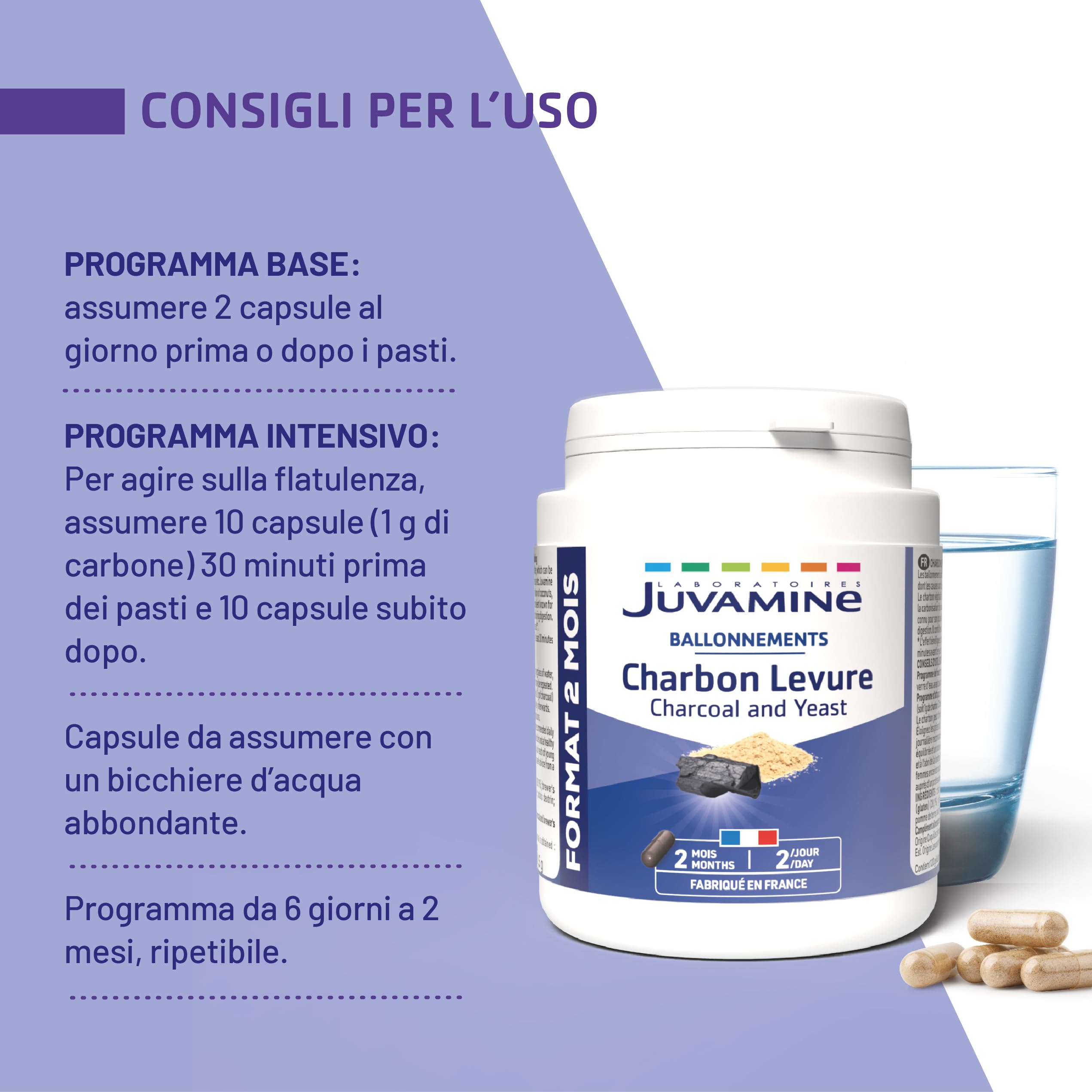JUVAMINE - Digestione - Carbone di lievito - Gas intestinale - Aiuta a ridurre l'eccesso di flatulenza - Formato Maxi - 2 mesi - 120 Capsule - Prodotto in Francia
