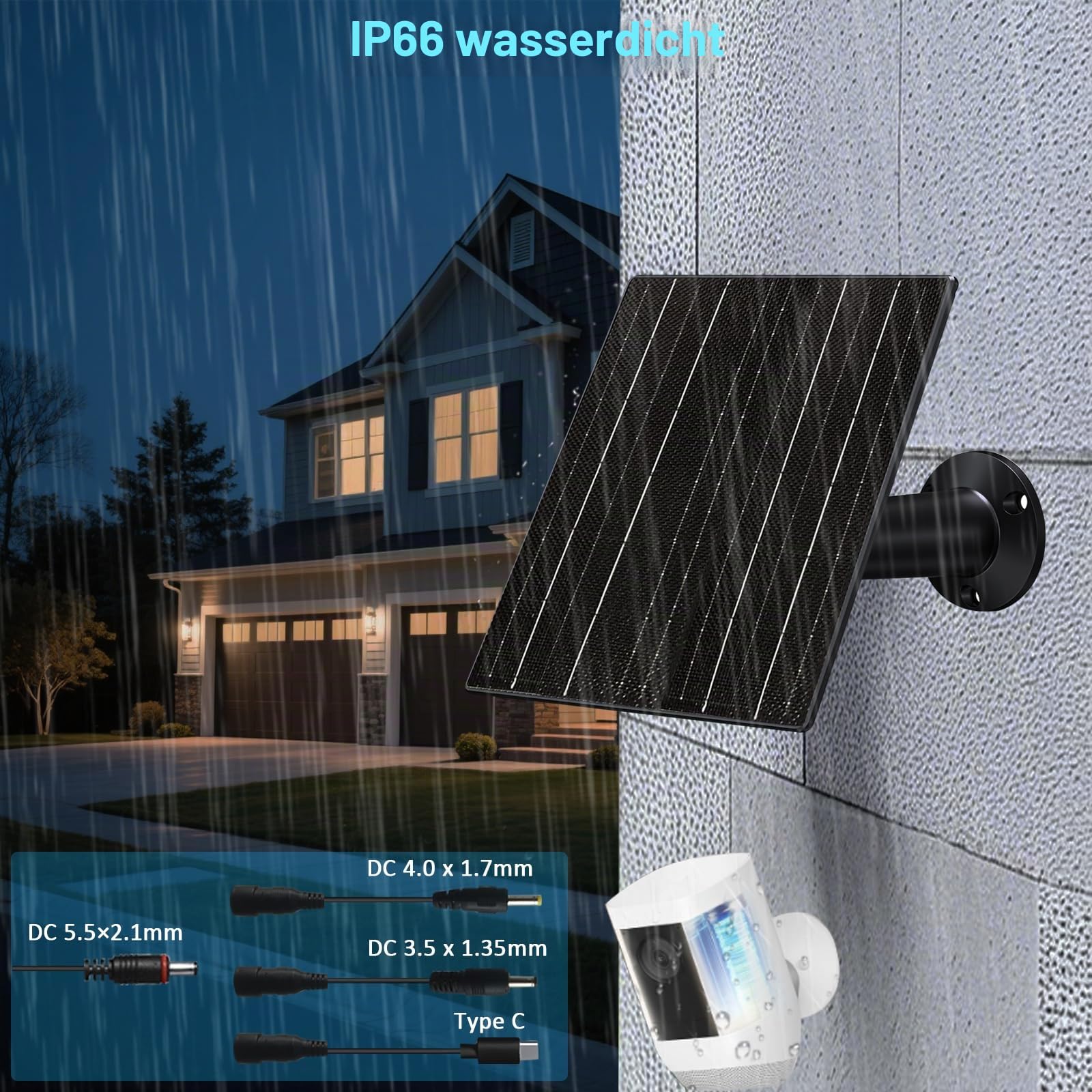 10W Solarpanel mit 10400mAh Akku, 5V/12V einstellbarer Ausgang, IP66 wasserdicht für Überwachungskameras