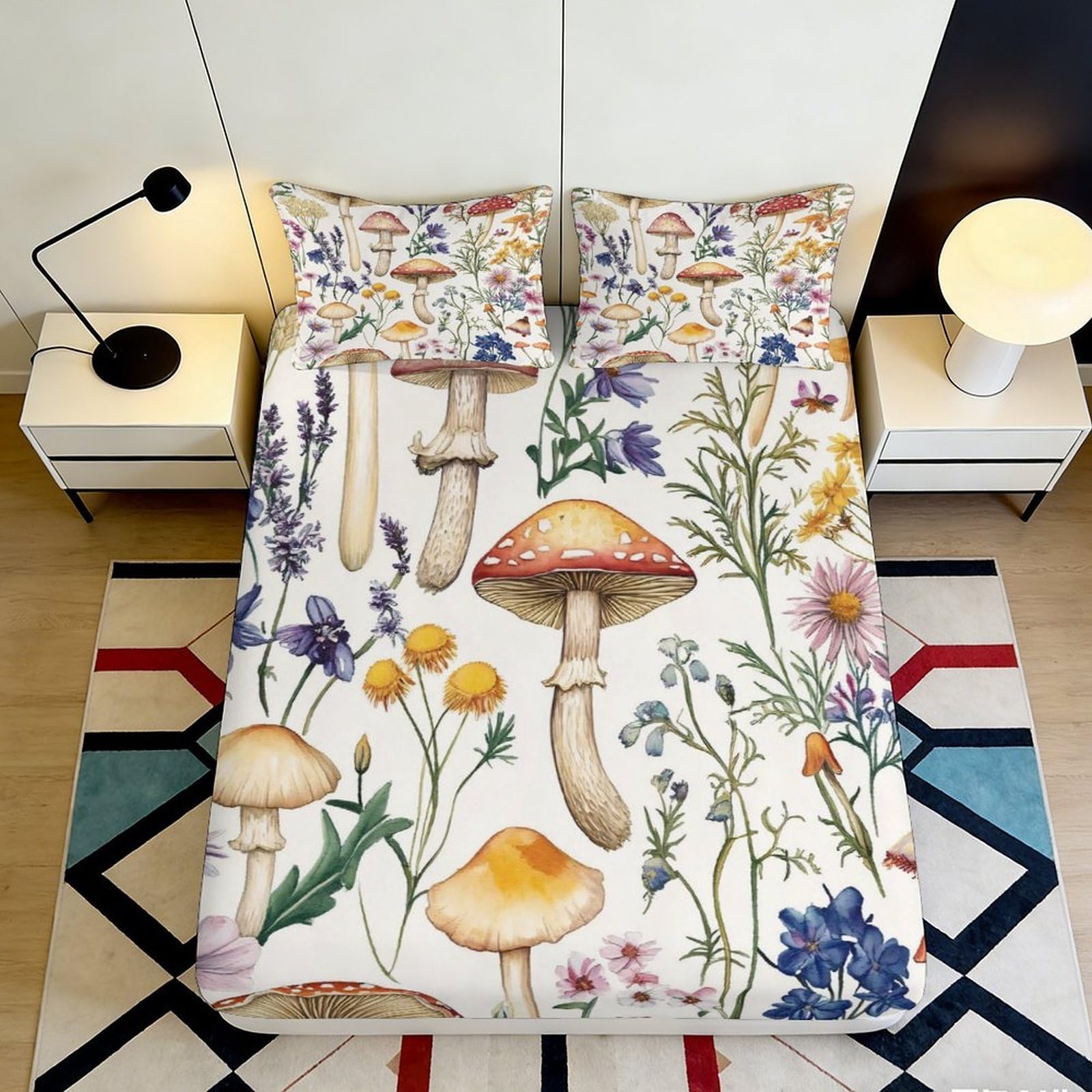 3D Printed Mushroom Floral Fitted Sheet Microfiber Soft Breathable Wildflower Bed Cover for Bedroom Dormitory Guest Room Mattress Protection Decor 140x200x25cm