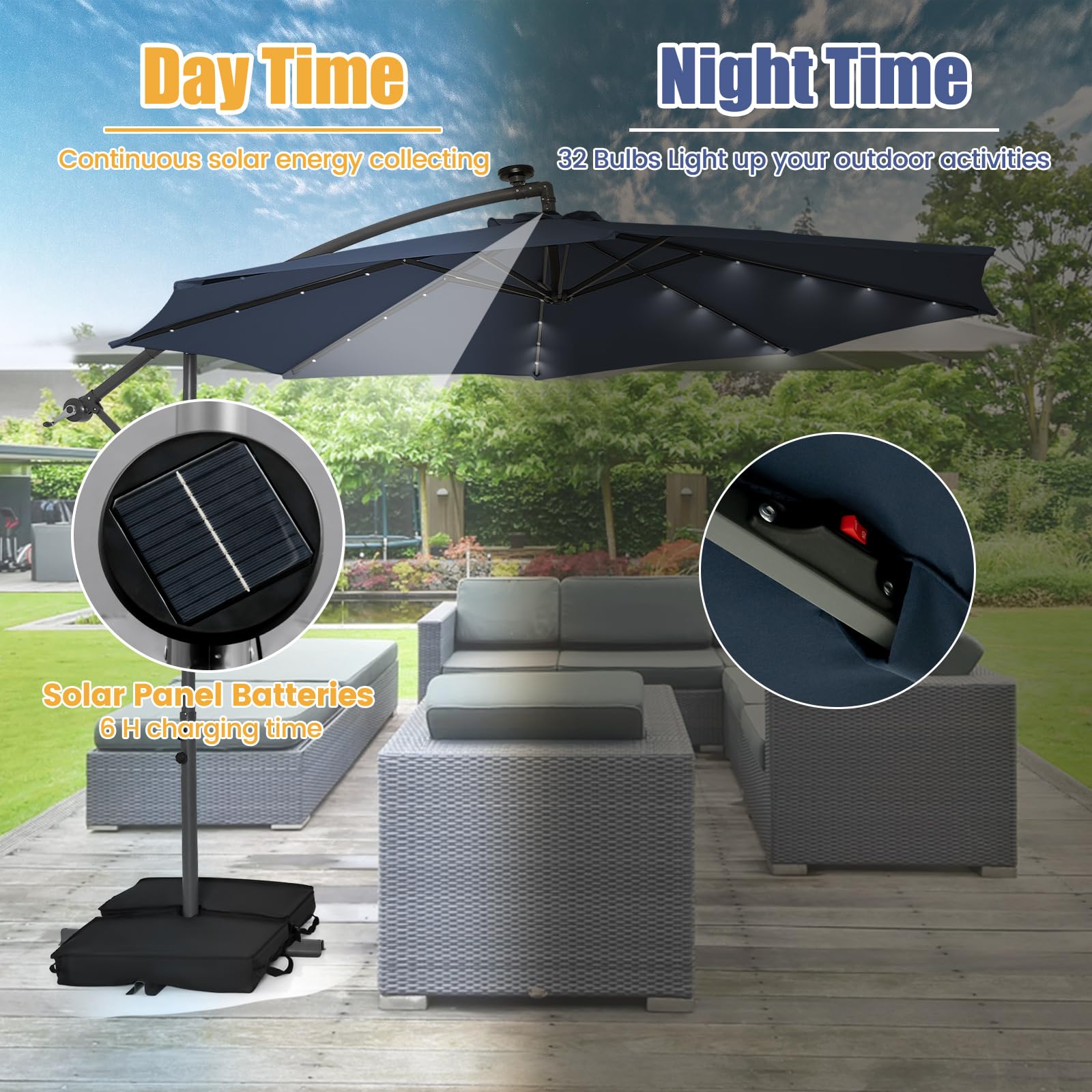 KOMFOTTEU Parasol przeciwsłoneczny LED o średnicy 300 cm, parasol przeciwsłoneczny z workami na piasek i korbą, parasol ogrodowy, składany z możliwością pochylenia, parasol tarasowy z ochroną przed