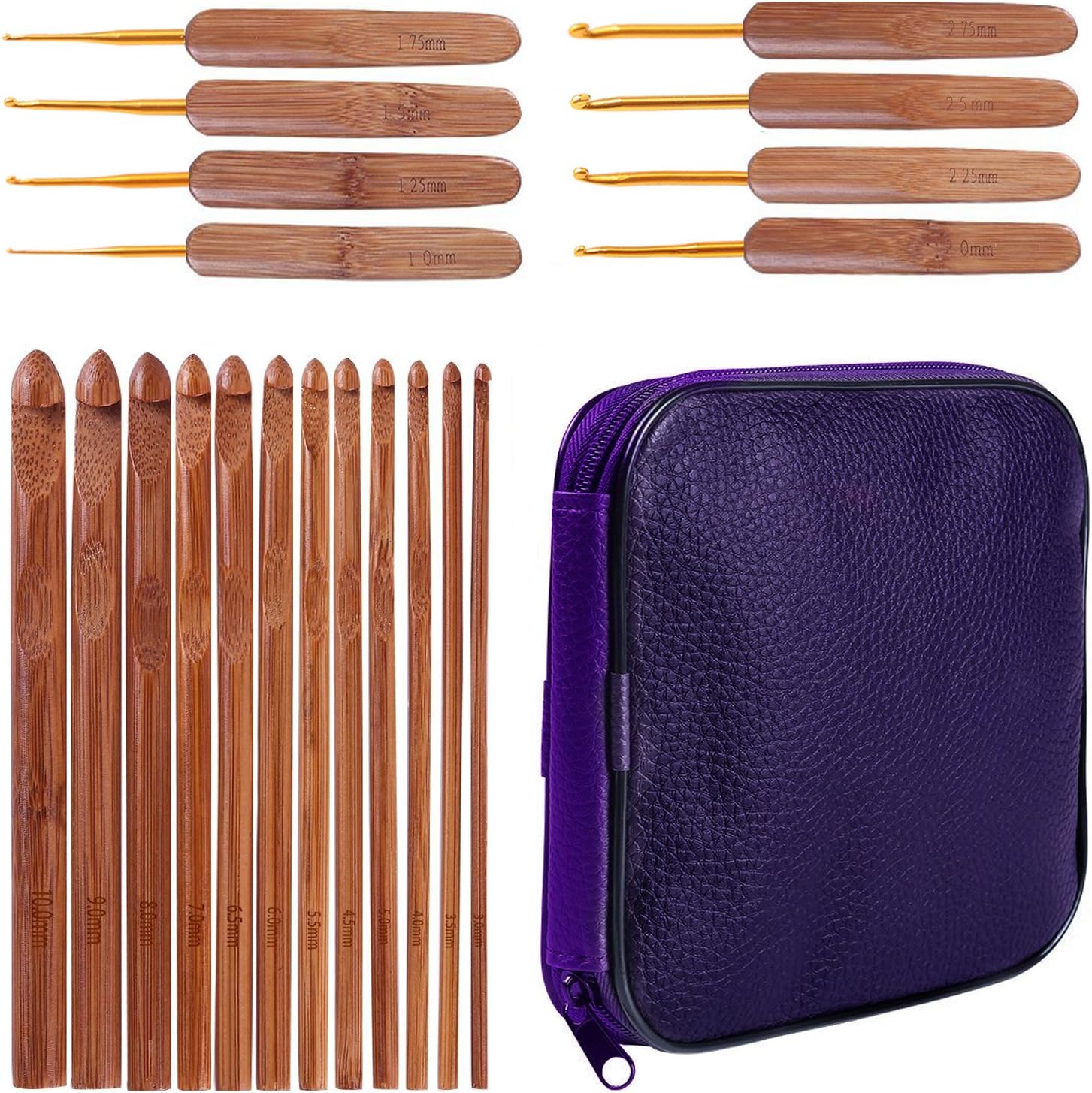 20pcs Bamboo Crochet Hooks Needles Knit Weave Craft Yarn Sewing Tools Knitting Bamboo Crochet Hook Set with Case