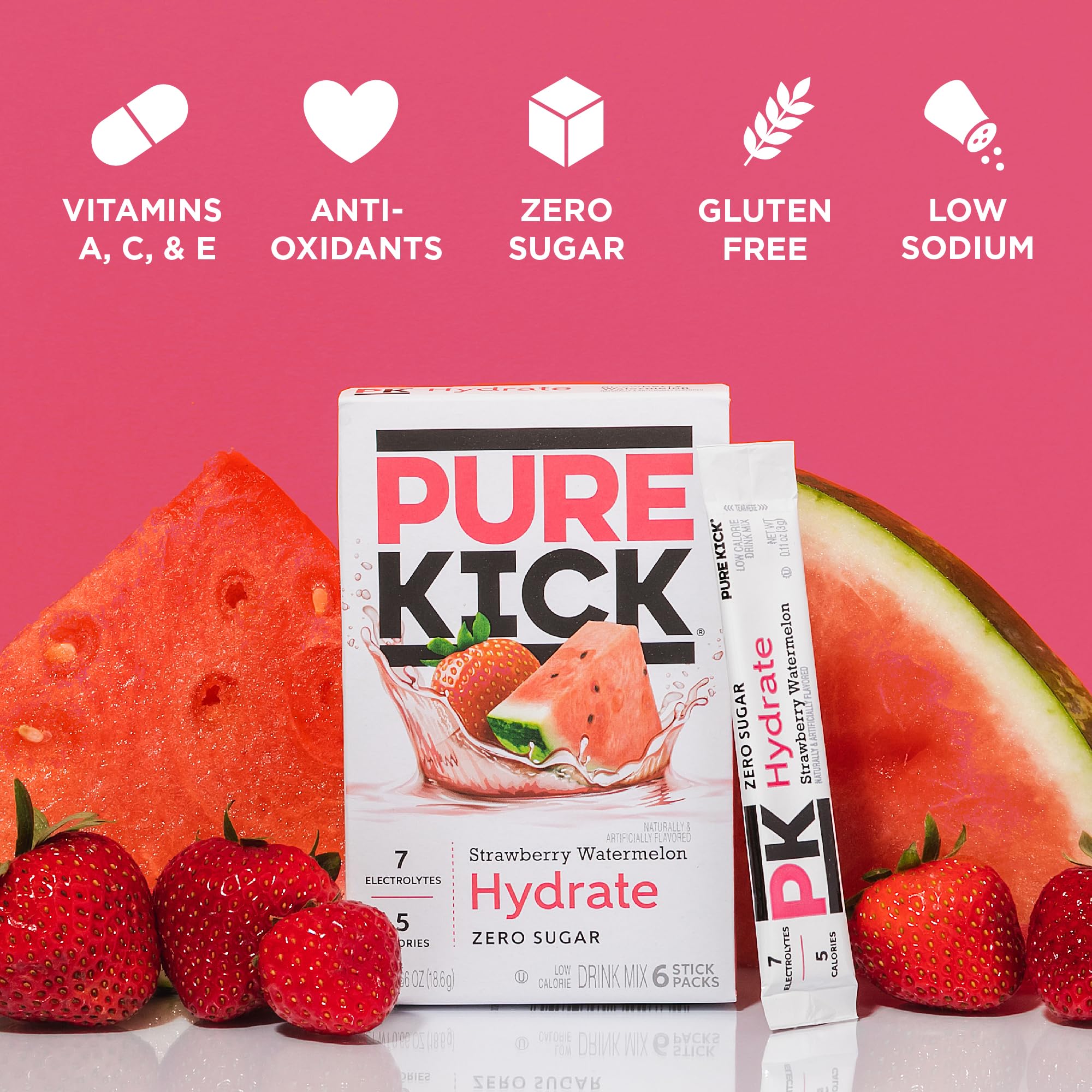 Pure Kick Hydration Singles To Go Drink Mix, Strawberry Watermelon, Includes 1 Box with 30 Packets in each Box.