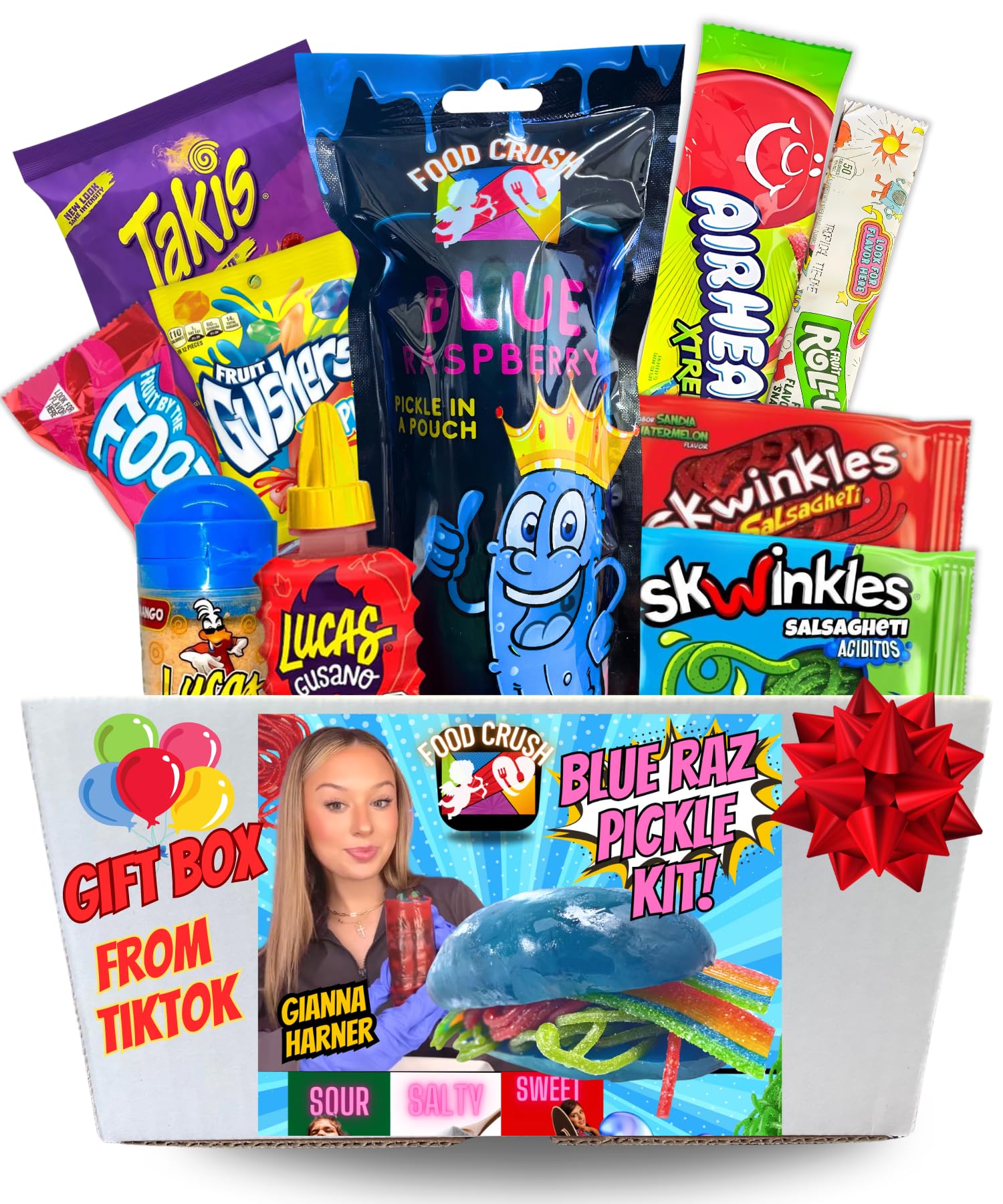 Blue Raspberry Pickle Kit-Comes In A Gift Box with Mexican Candy, Takis Chips, Fruit Rollups and more. Candy Variety Pack, Care Package, Birthday, Christmas Gifts for kids Tiktok trend items by FoodCrush