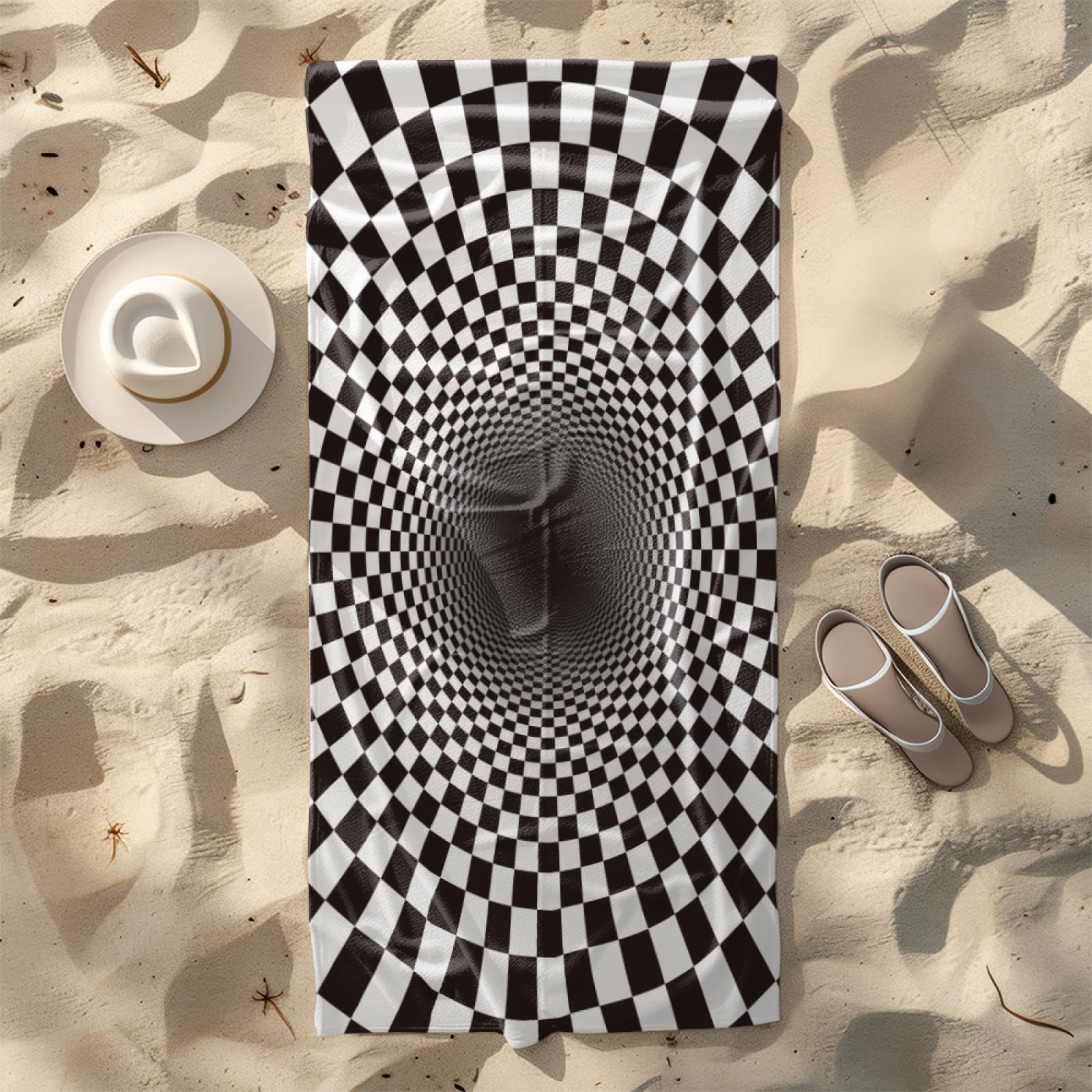 Serviette de PiscineMosaïque Noire Blanche Serviette Fouta Plage Stylée Personnalisée pour Adultes, Légère Séchage Rapide Anti-Sable, Adaptée Aux Voyages,Yoga et Vacances 100x180 cm