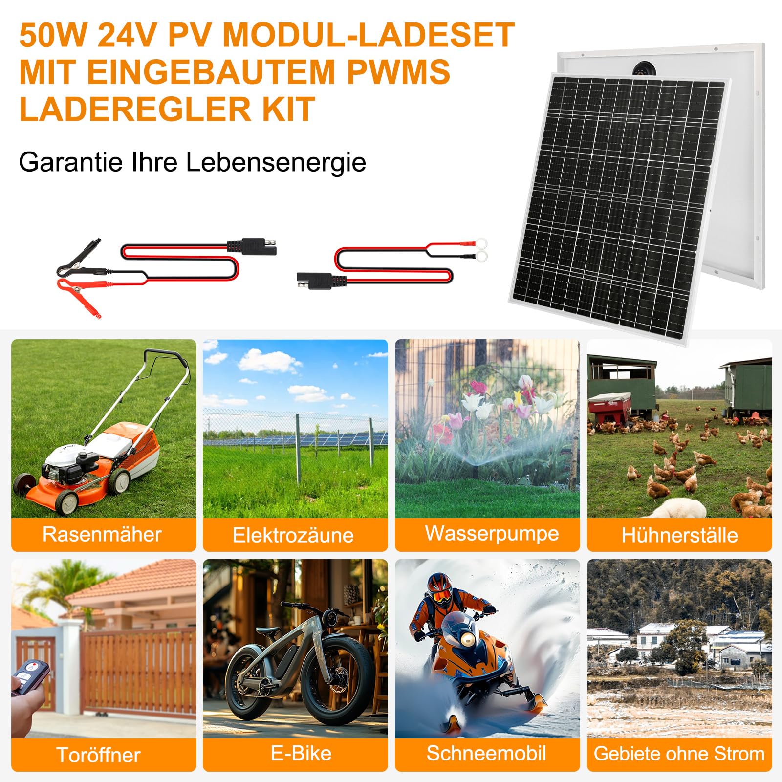 【50W 36V Panel Solar Kit】DERUXI Placa Solar 50 W Kit:Mono Cargador Solar 50W con Integrado Controlador de Carga PWM 6A+2 Pare de Cable SAE,PV Placas Solare Camper para Baterías GEL, AGM, LiFePO₄ 24V