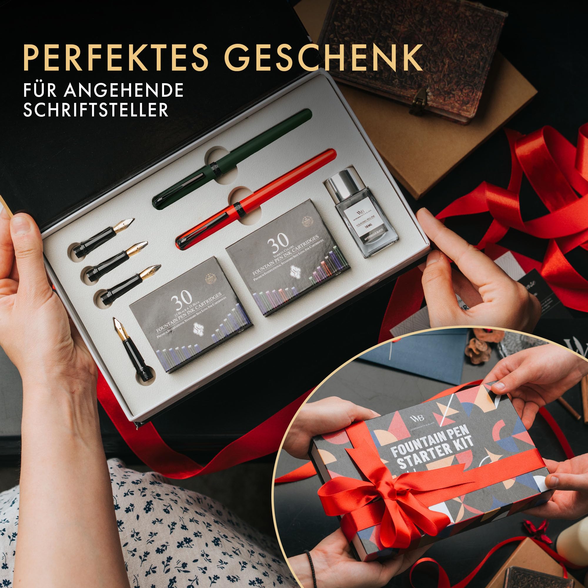 Wordsworth & Black Füller Set für Anfänger, Kalligraphie, Grün | Füllfederhalter, Pinselstift + 5 Federn, 60 Tintenpatronen + Tintenfass, Konverter, Journaling, Geschenk für Männer & Frauen