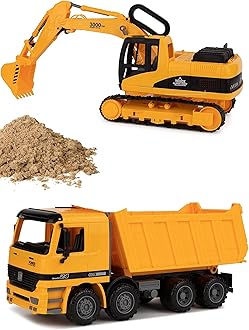 Toy To Enjoy Excavator & Dump Truck Toy for Kids (Set of 3) with 1.1 LB Play Sand – Moveable Claw & Lifting Back – Garbage Truck & Bulldozer Digger – Construction Vehicle for Kids & Children