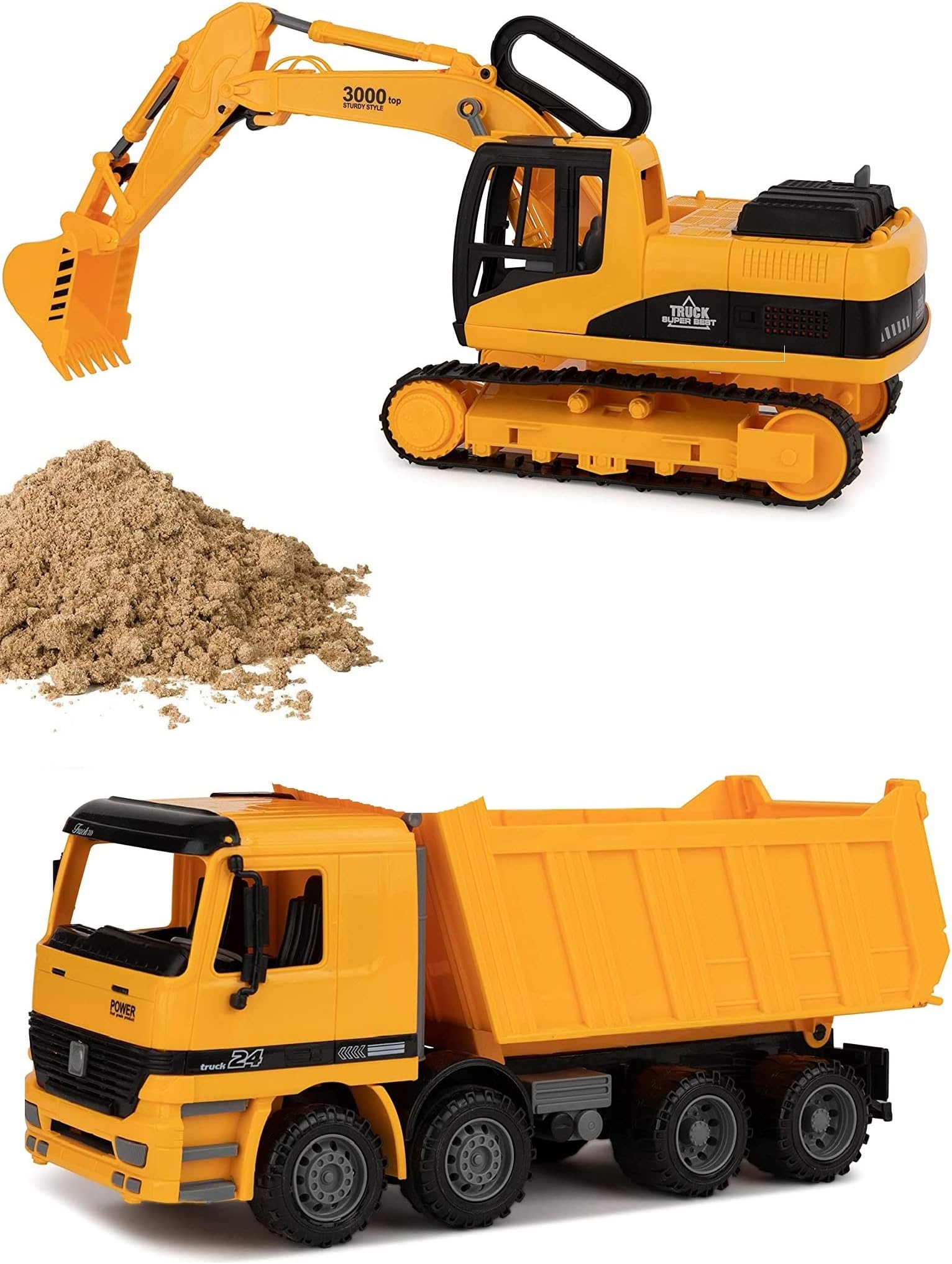 Toy To Enjoy Excavator & Dump Truck Toy for Kids (Set of 3) with 1.1 LB Play Sand – Moveable Claw & Lifting Back – Garbage Truck & Bulldozer Digger – Construction Vehicle for Kids & Children