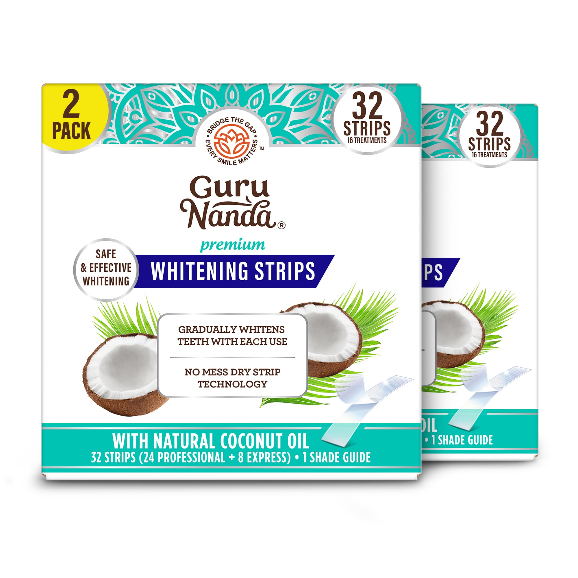 GuruNanda Teeth Whitening Strips - 16-Day Treatment with Non-Slip, Dry Strip Technology - Whitening Designed with Care for a Brighter Smile (Pack of 2) 32 Count (Pack of 2)