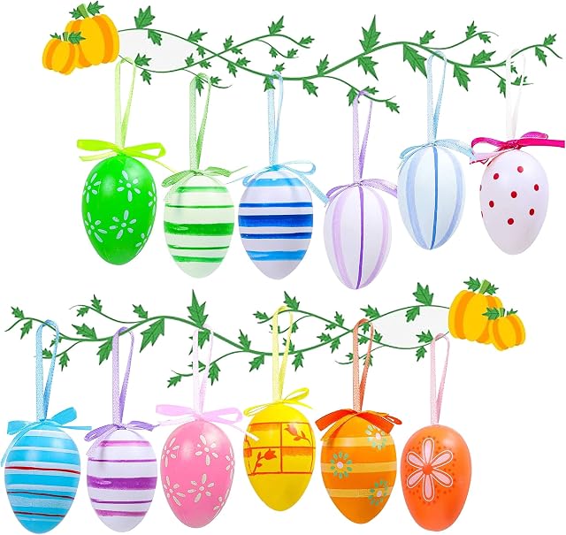 12Pcs Easter Decorations Home,Hanging Easter Egg Decorations for Tree,Easter Tree Decorations Eggs,Colorful Plastic Easter Eggs Outdoor easter decorations,Easter Eggs Decorations Hanging Random Styles
