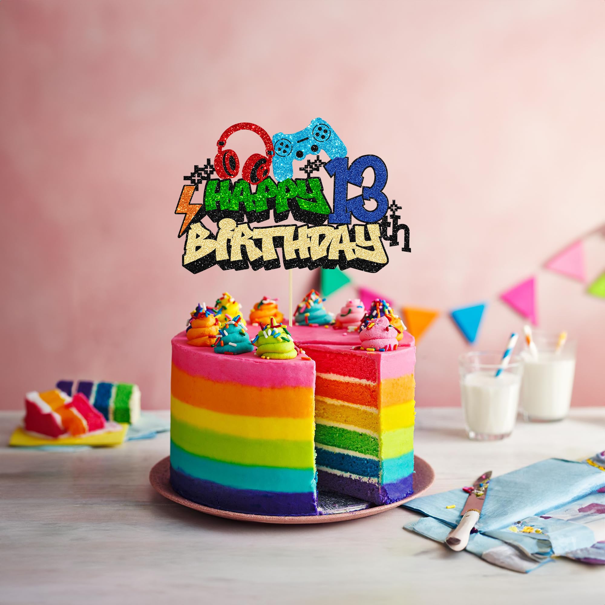 Gyufise 1Pcs 13th Birthday Video Game Cake Topper Gaming Level Unlocked Game On Controllers Cake Pick Decorations Game Theme Baby Shower 13th Birthday Anniversary Party Cake Decorations 4