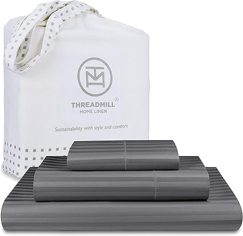 Threadmill Sábanas de tamaño queen, 100 % algodón, 600 hilos, 4 piezas, diseño de damasco, rayas, gris oscuro, calidad de hotel, algodón peinado de