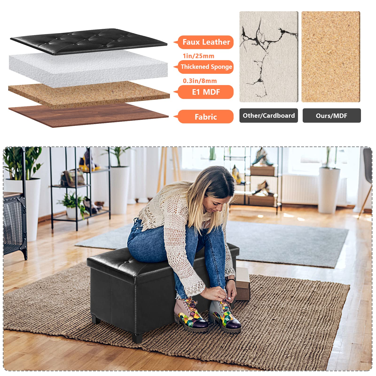 BRIAN & DANY Sitzbank mit Stauraum, Faltbar Sitzhocker mit Beinen, sitztruhe hocker mit stauraum, für Wohnzimmer Schlafzimmer Flur, Schwarz, 76 x 38 x 38 cm