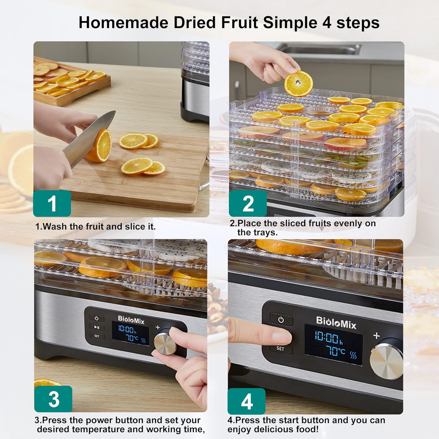 Four-step guide to dehydrating fruit: wash and slice, place on trays, set temperature and time, press start.