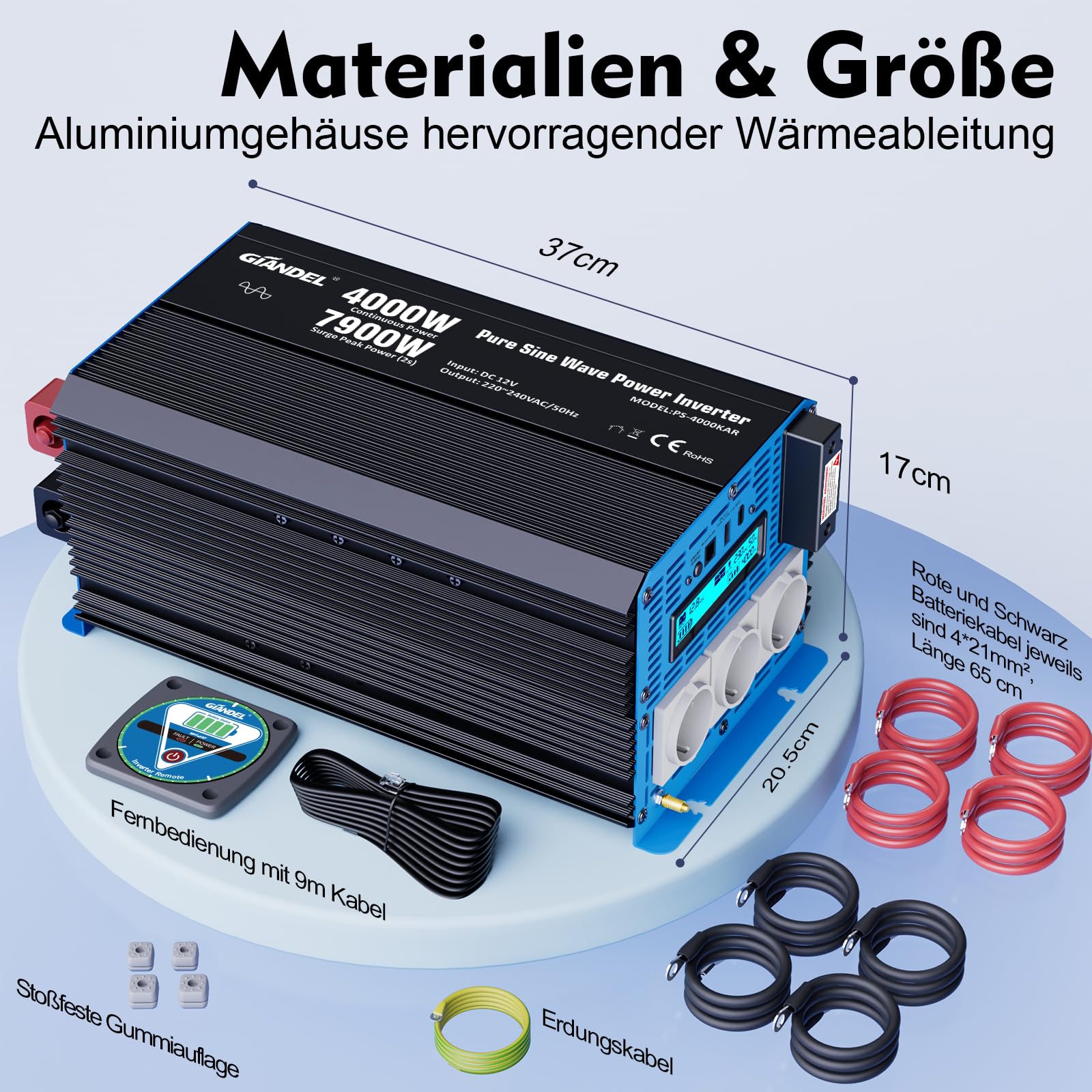 GIANDEL Falownik 4000 W, czysty sinus 12 V na 230 V, z regulowanym wyłącznikiem podnapięcia, przetwornica napięcia, przetwornica napięcia z pilotem zdalnego sterowania i USB-C PD 36 W, do kamperów