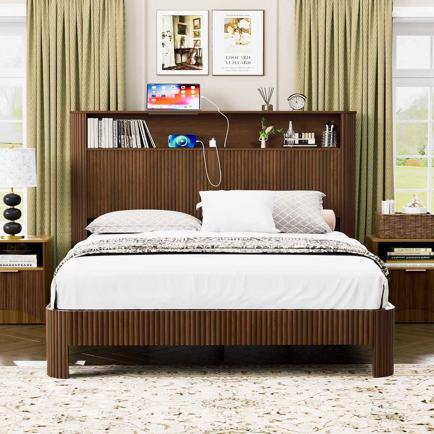 Fluted Bed Frame with Outlets, Charging Station & Storage Headboard, Noise-Reducing Metal Structure, Modern Platform Bed for Bedroom, Apartment, Master & Teen Room