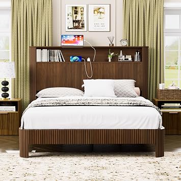 Queen Bed Frame,Storage Headboard with Charging Station,No Box Spring Needed, Noise-Free,Easy Assembly Walnut