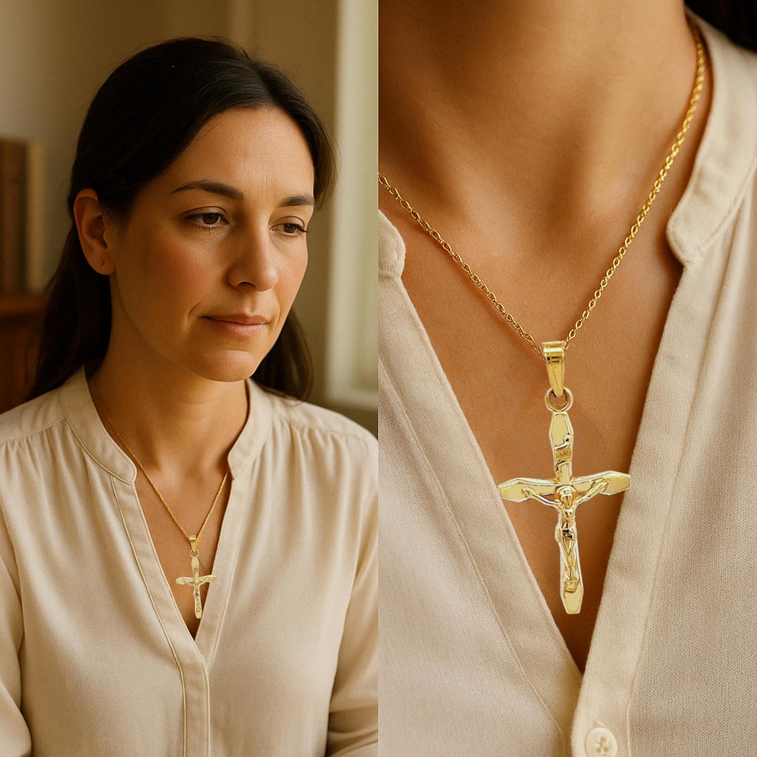 Cross+Crown Premium 14K Slim Gold Crucifix Necklace for Women & Men, Durable Double-Bonded 14K Slim Yellow Gold Crucifix to Avoid Tarnishing, Authentic Pendant for Men & Women with Premium Jewelry Box, Handcrafted in the USA