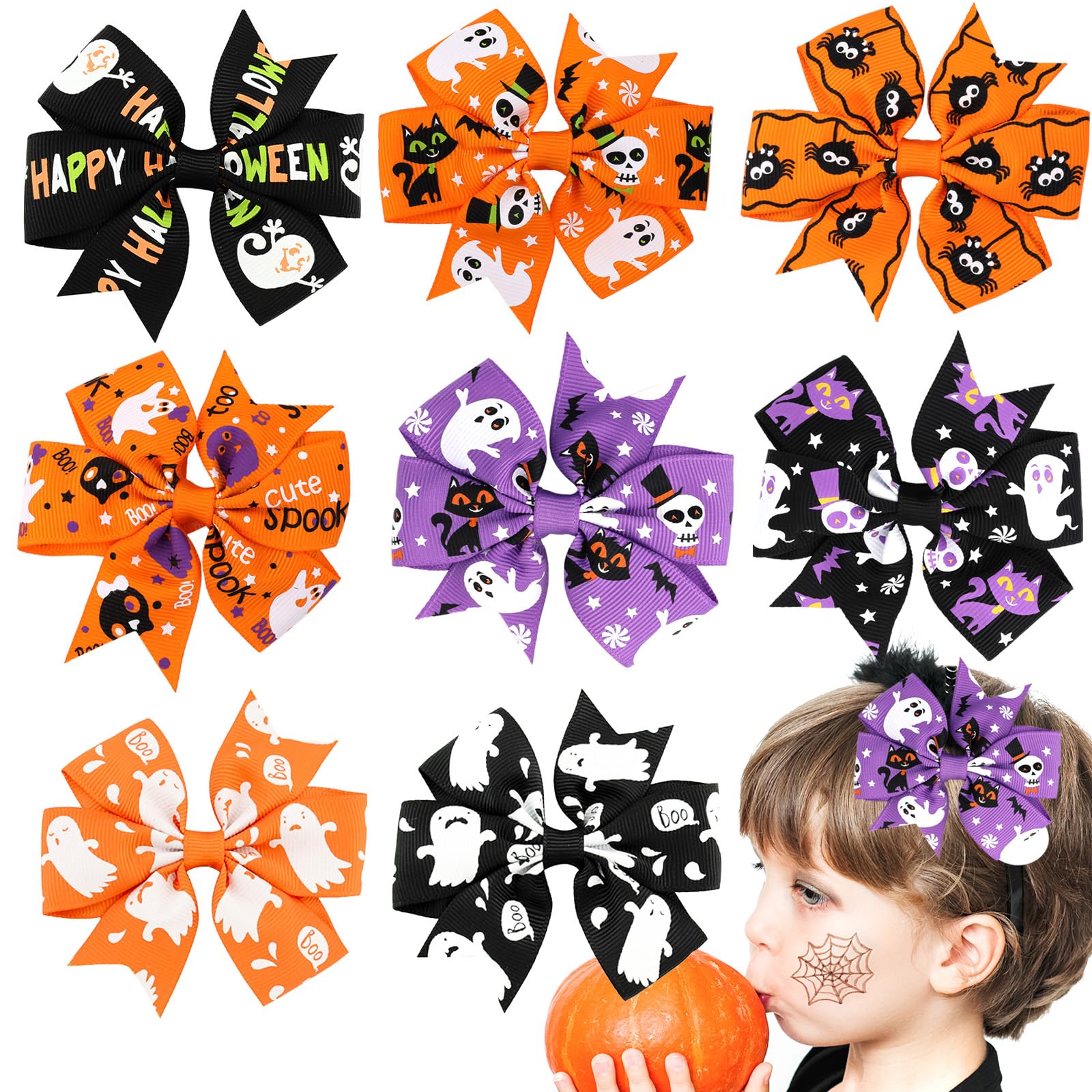 COMNICO 8pcs Halloween Bow Knot Hair Pins, Cute Cartoon Pumpkin Headband Hairband Handmade Hair Accessories Barrette for Girls Children
