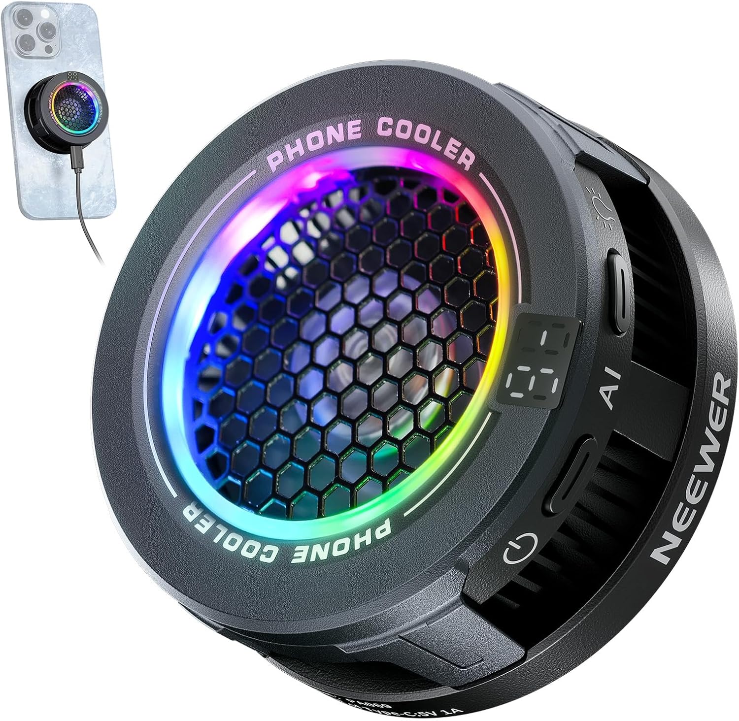 NEEWER Basics Magnetic Phone Cooler, Low Noise USB Cooling Fan with Smart Temp Control, RGB Light, Magnetic Ring & Clip Compatible with iPhone 15 16 Pro Max MagSafe Samsung iPad for Gaming, PA069