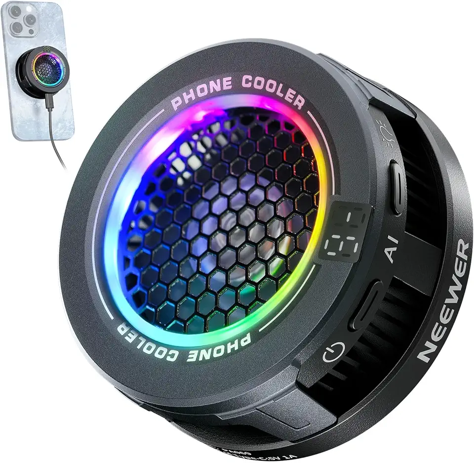 NEEWER Cooler magnético básico para celular, ventilador de resfriamento USB de baixo ruído com controle inteligente de temperatura, luz RGB, anel magnético e clipe compatível com iPhone 15 16 Pro Max