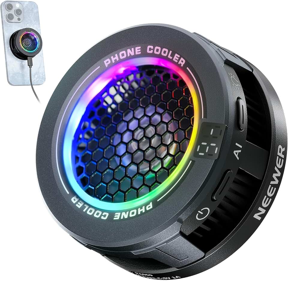 NEEWER Cooler magnético básico para celular, ventilador de resfriamento USB de baixo ruído com controle inteligente de temperatura, luz RGB, anel magnético e clipe compatível com iPhone 15 16 Pro Max