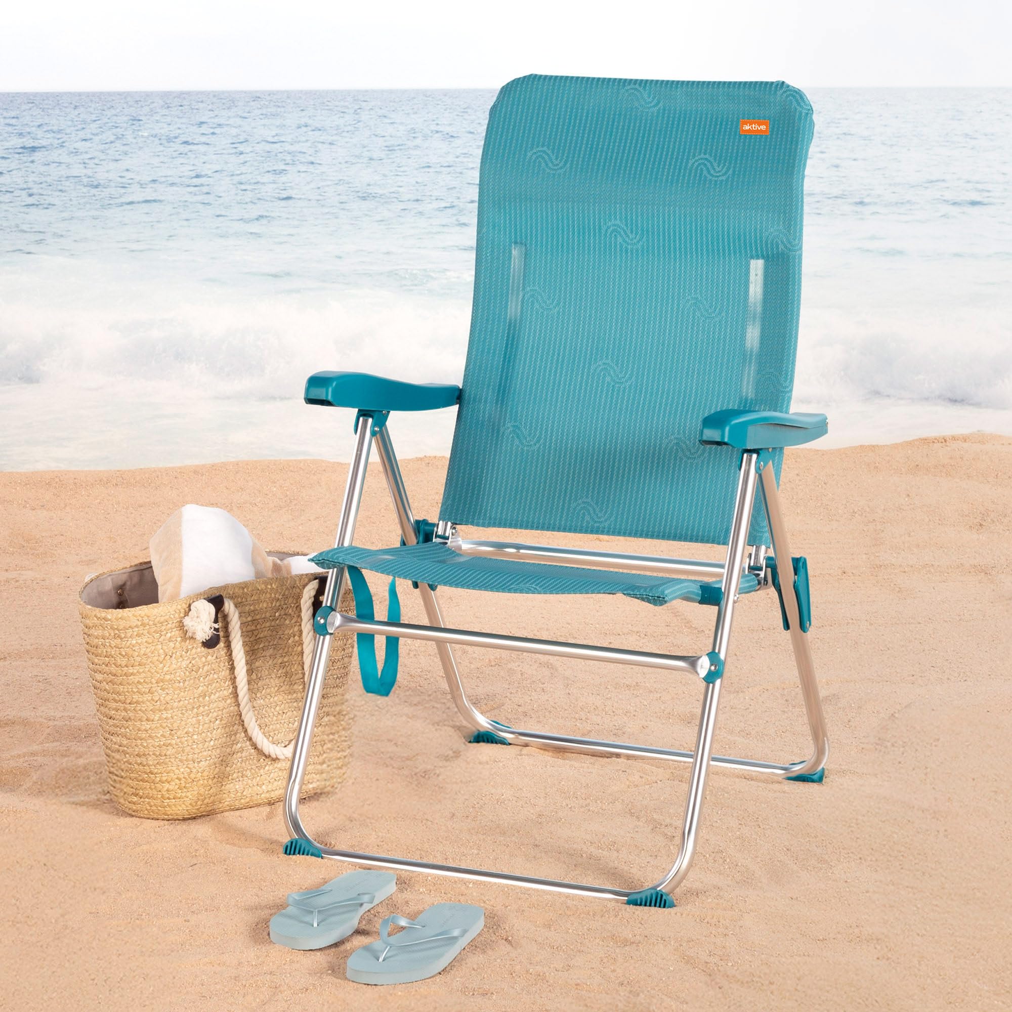 AKTIVE Silla de Playa Plegable, 5 Posiciones, Color Azul, Mide 47x62x95 cm, Soporta 110 kg, Topes antivuelco, Asas de Transporte, Sillas Respaldo reclinable (62467)