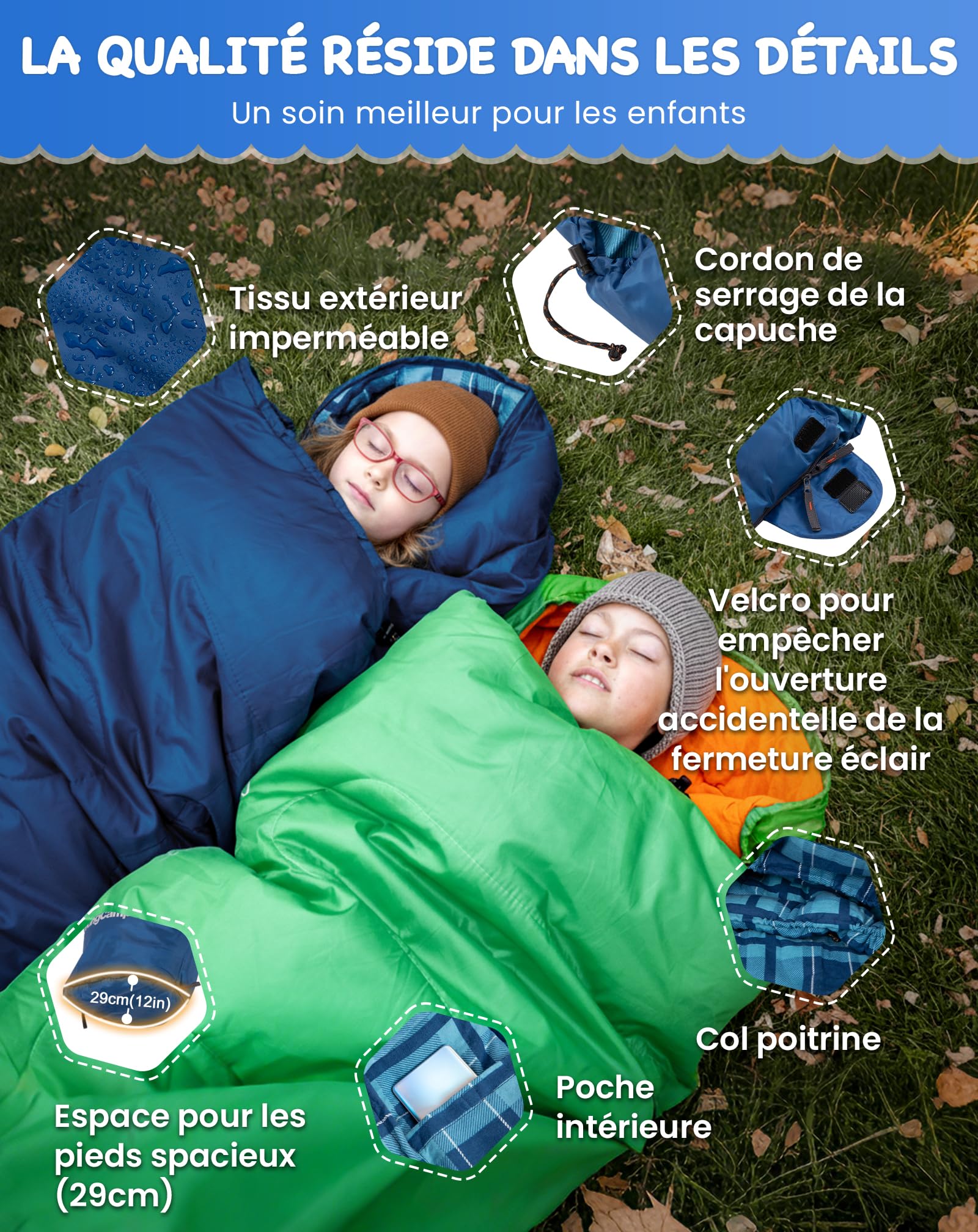 KingCamp Sac de Couchage Enfant en Flanelle de Coton | Sac de couchage momie pour enfants 10-12 ans : chaud, confortable et déperlant – idéal pour camping et voyages en plein air