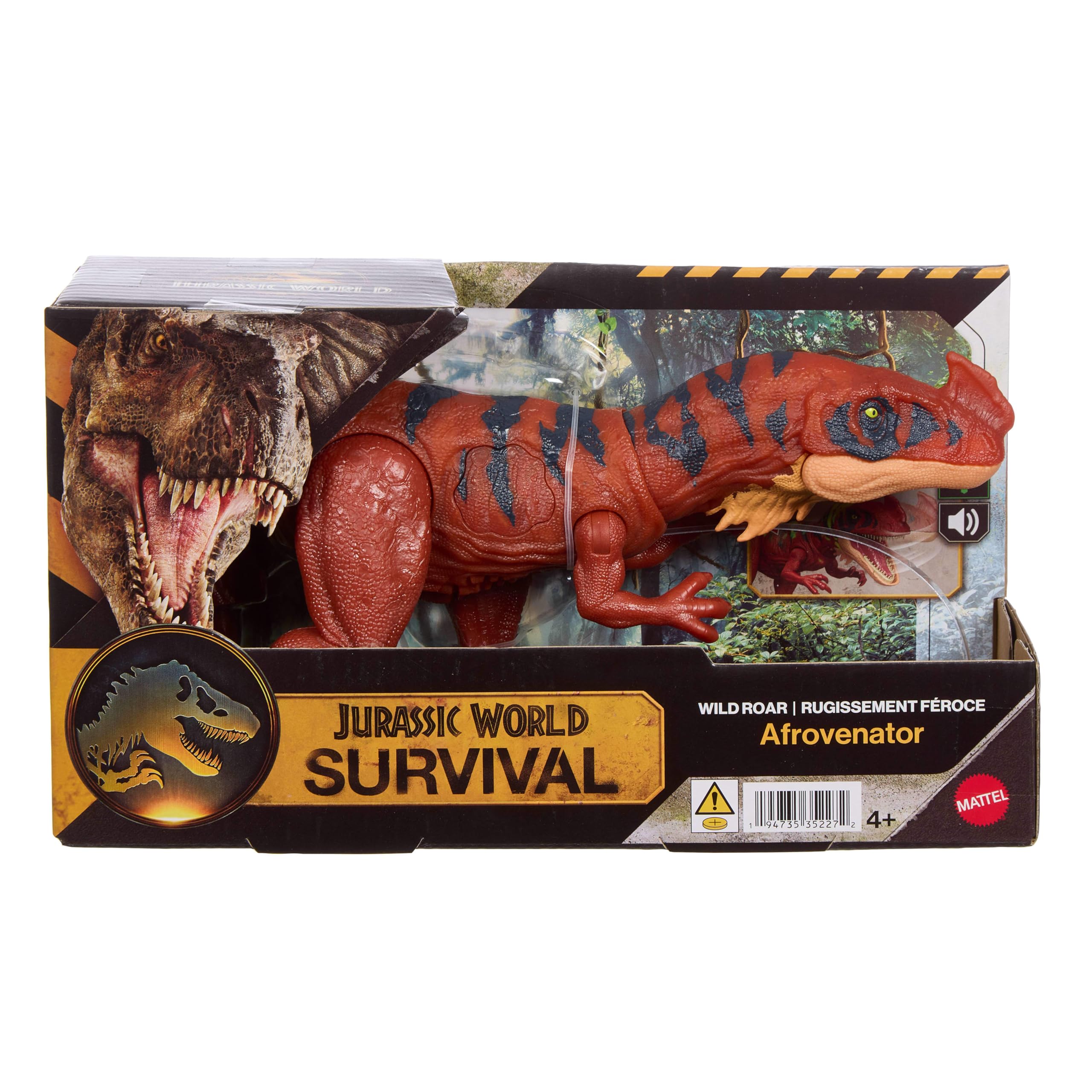 Mattel Jurassic World - Afrovenator Ruggito Selvaggio, dinosauro snodabile con mandibola multidirezionale, mossa d'attacco e suoni inclusi, giocattolo per bambini, 4+ anni, JKL76