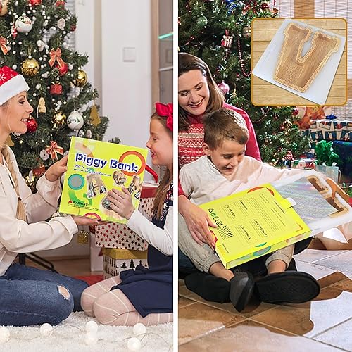 Miniatura 6 de Alcancía de madera grande con letras para niños y niñas, alcancías personalizadas de madera de la A a la Z con área objetivo, billetes del alfabeto