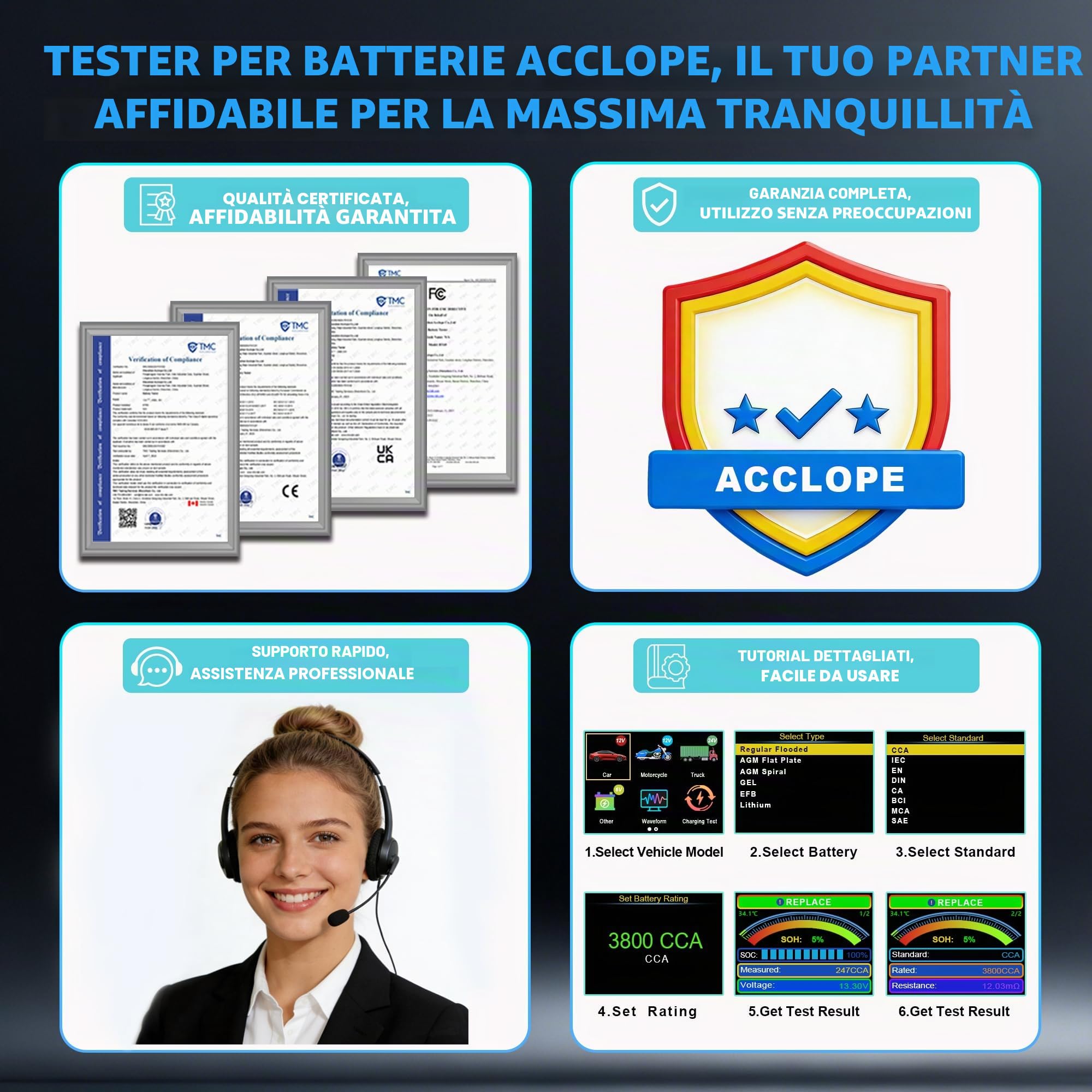BT90 PRO Tester per batteria, 6V/12V/24V, capacità 2-360Ah, 30-3800 CCA, per batterie AGM/EFB/GEL/LiFePO4, con stampa su cloud, sistema Start-Stop, test del sistema di carica e avviamento, SOH