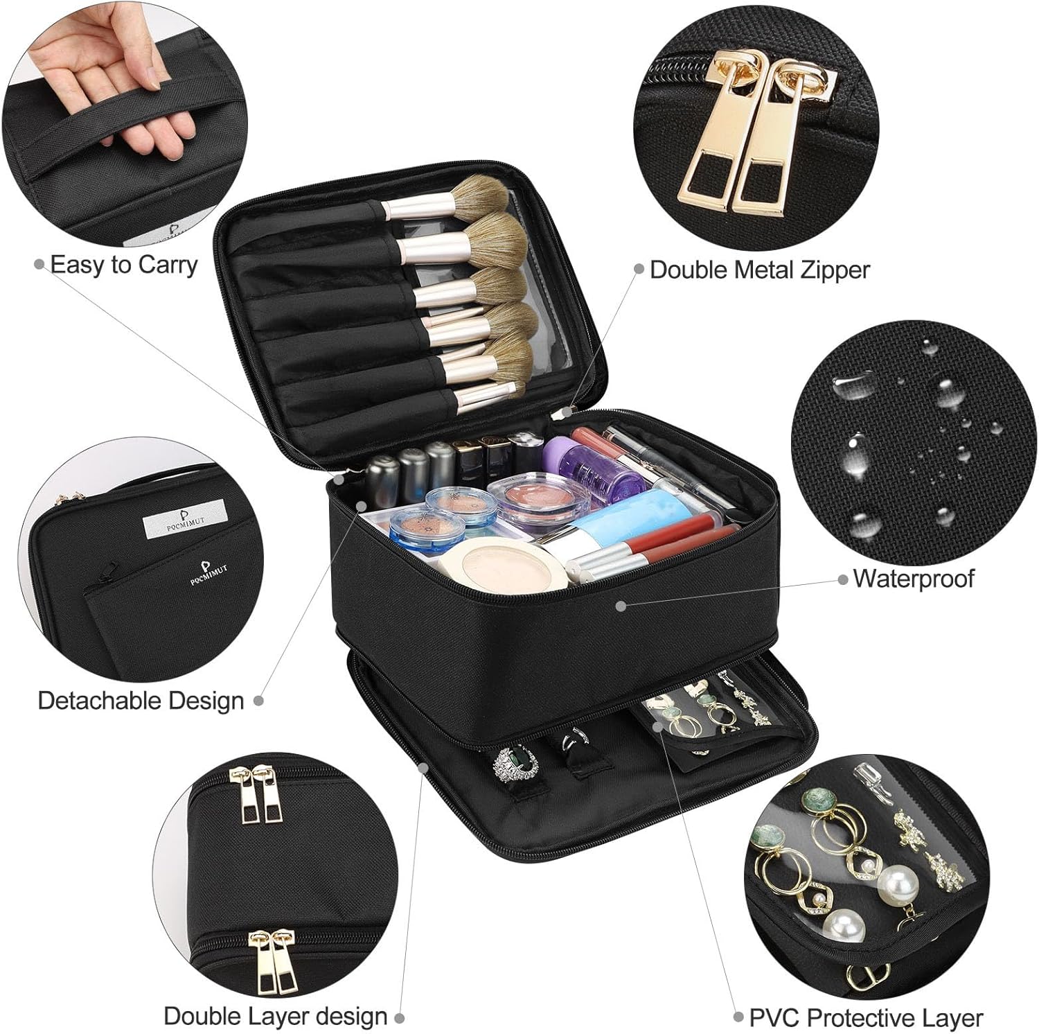 Pocmimut Makeup Bag and Jewelry Bag,2 in 1 Travel Organizer Case Cosmetic Bag with Brush Storage for Earrings Necklaces,Black