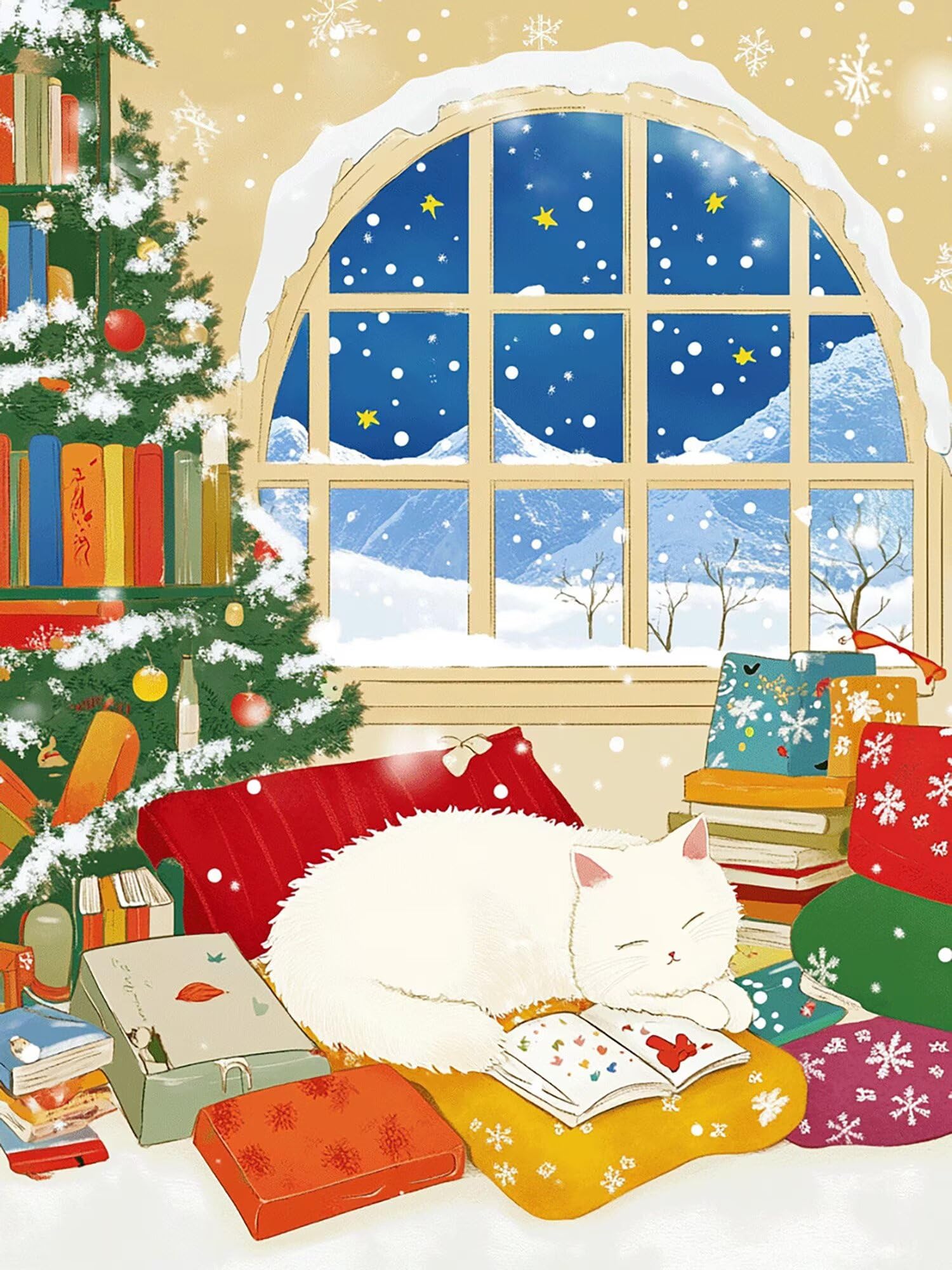 Winter Diamond Painting Katze Diamond Painting Eckige Steine 80x120cm, 5D Vollbohrer Diamanten Kinder Anfänger Bastelset, DIY Set Erwachsene Kreativ Set für Erwachsene für Zimmer Wand Deko, Model762