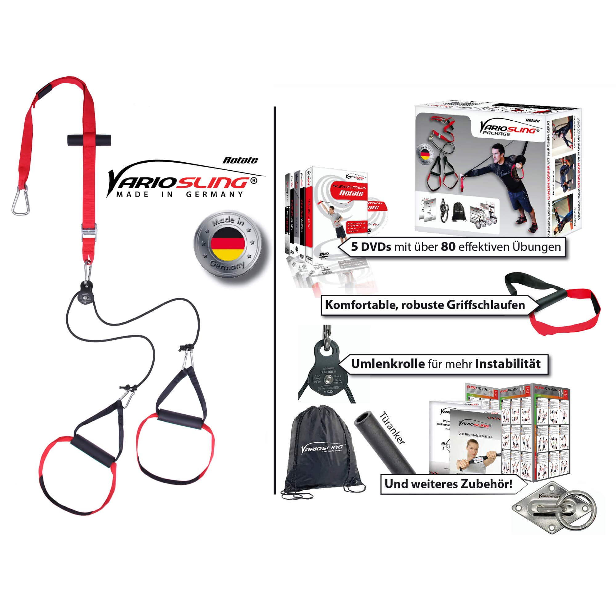 Sling Trainer mit Umlenkrolle inkl. 2X Schlingentrainer DVD, Türanker, Poster, (Rotate Paket mit Halterung + mehr DVDs)