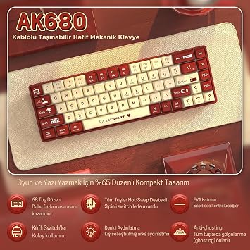 AJAZZ AK680 65% Kablolu Hotswap Mekanik Oyun Klavyesi,68 Tuşlu Taşınabilir Anti-Ghosting Klavye,Gökkuşağı Arkadan Aydınlatmalı Programlanabilir,Ergonomik,Kahverengi Kırmızı Beyaz, Anahtar-Mavi