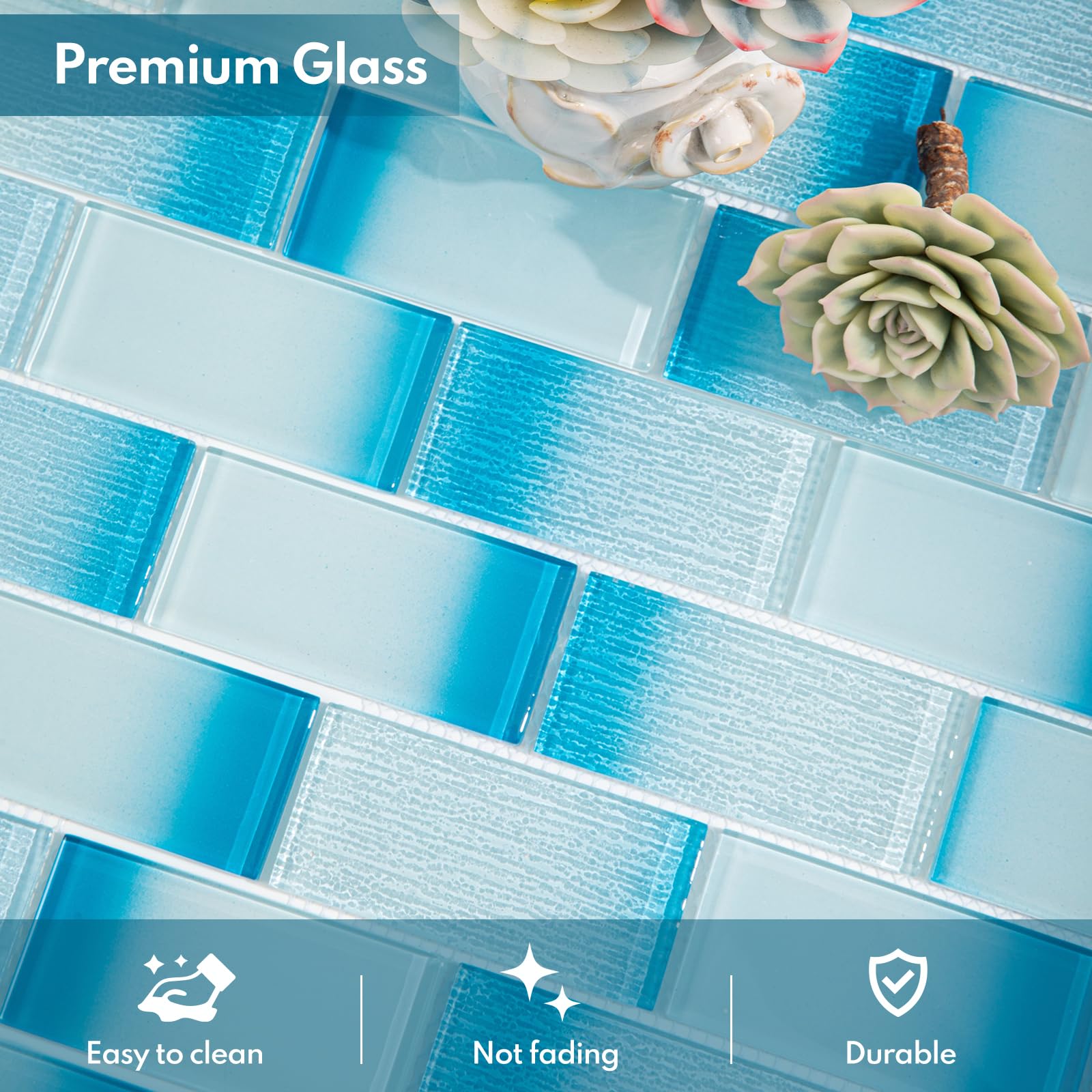 Lovdeco Lot de 5 feuilles de mosaïque de métro en verre, dosseret bleu