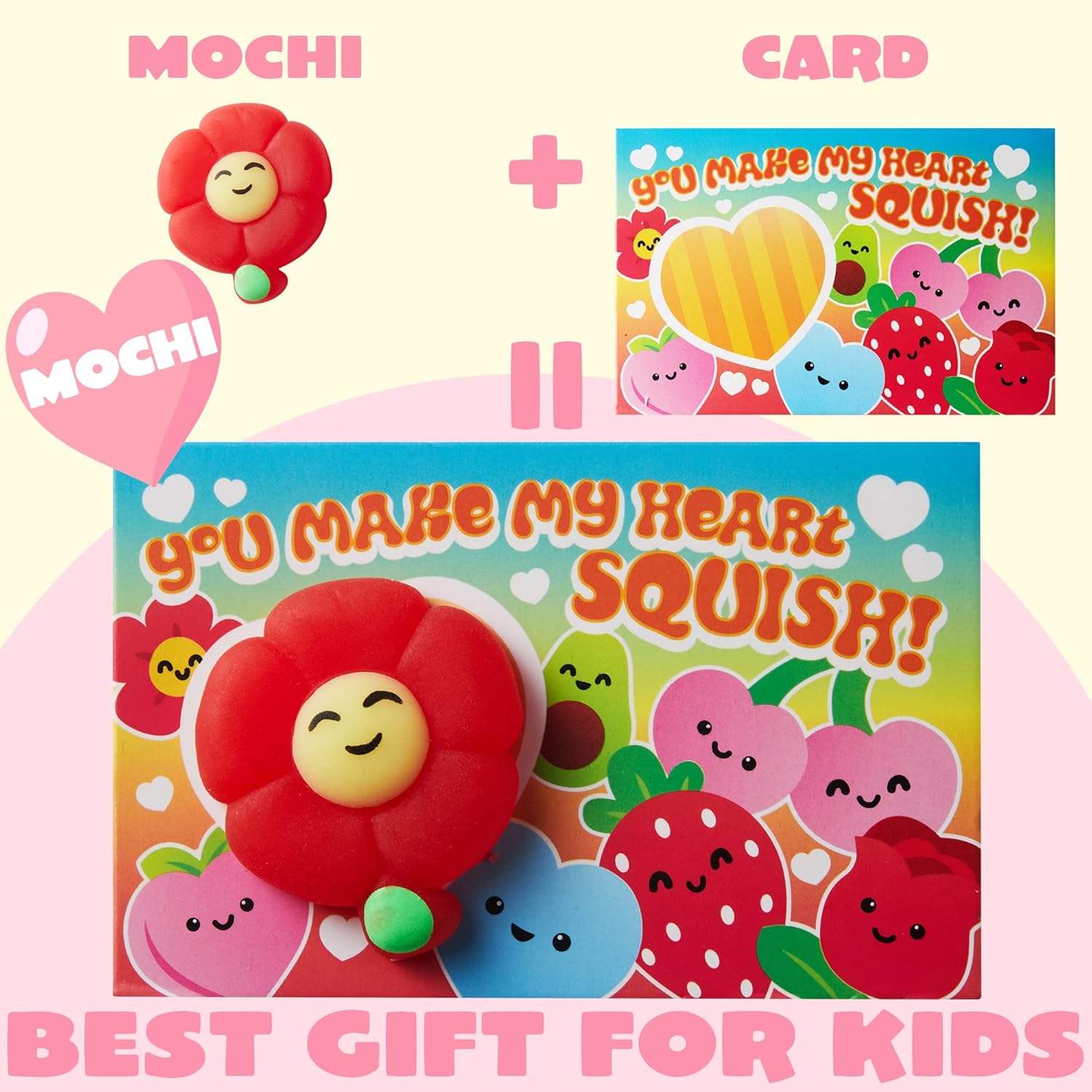 JOYIN 28 Packs Valentines Day Gift Cards with Mochi Squishy Toys, Kawaii Mochi Squishy Toy to Squeeze Stress Relief Fidget Toy for Kids Valentine Party Favor Classroom Exchange Prizes