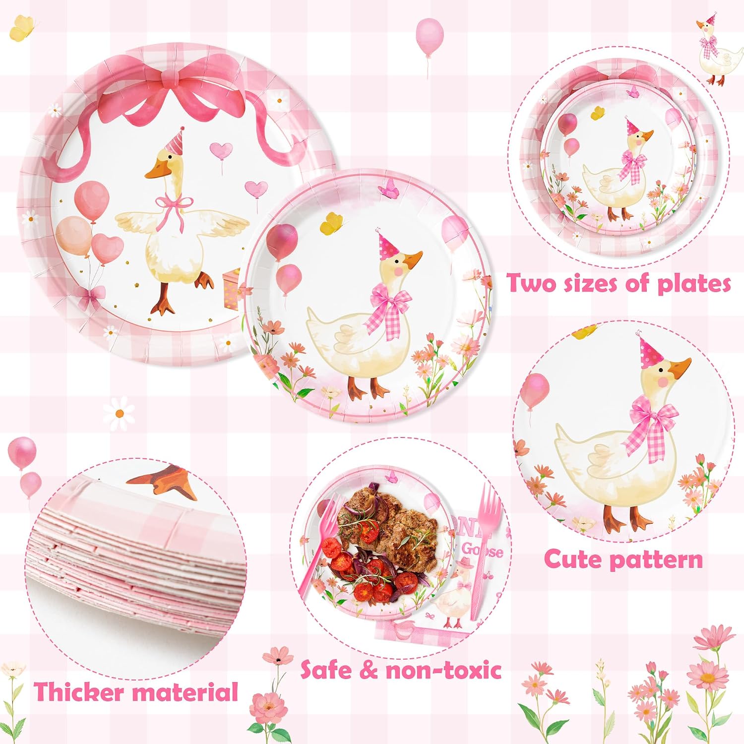 ANGOLIO One Silly Goose Party Tableware Set - 96Pcs Pink Cute Birthday Party Supplies Disposable Plates Forks Napkins Decorations for 24 Guests, Kawaii Silly Goose Bow Dinnerware for Girl Baby Shower