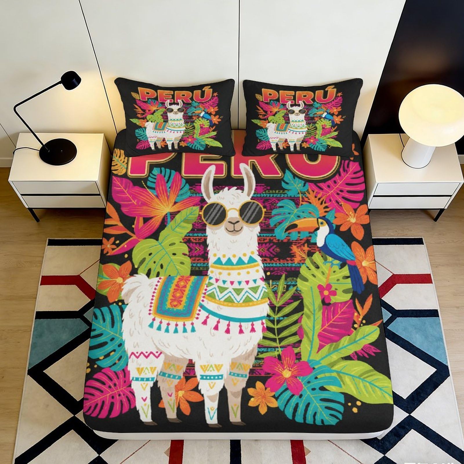 3D Printed Llama Jungle Fitted Sheet Microfiber Soft Colourful Tropical Bed Cover for Bedroom Guest Dorm Mattress Decor 90x200x25cm