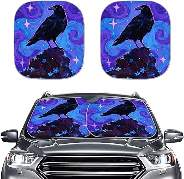 Crow Front Windshield Sunshade, Blue Starry Night Spiral Accordion Folding Style, Raven Oil Painting Impressionism Auto Shade for Car SUV Keep Vehicle Cool