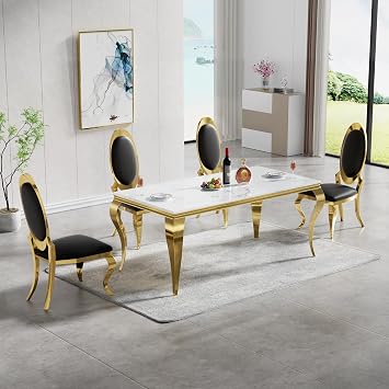 Marble Dining Table Set for 4, Luxurious Gold Kitchen Table Chairs Set of 4, 70" Rectangle White Marble Dining Room Table with 4 Leather Dining Chairs, Modern 5 Pieces Dinner Table Set