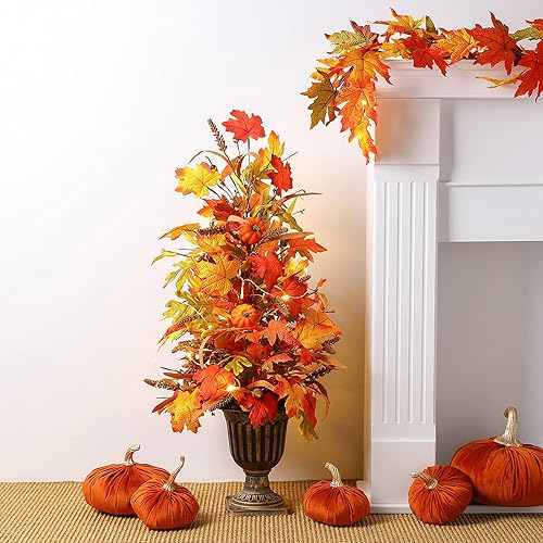 Miniatura 9 de Glitzhome Árbol de arce con iluminación LED, urna de árbol artificial de otoño, árbol de porche en maceta con temporizador, 120 luces LED blancas
