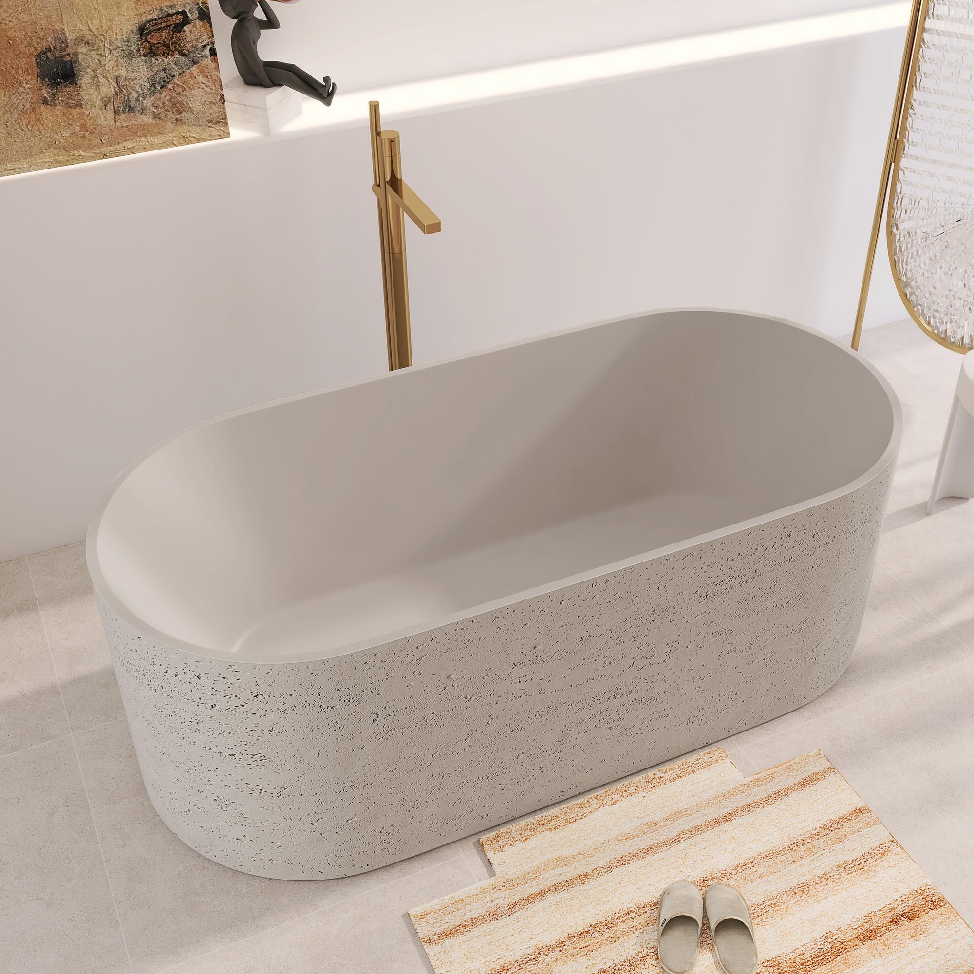 Vasca da bagno indipendente in travertino di alta qualità, con superficie in solido travertino, superficie ruvida opaca con scarico pop-up