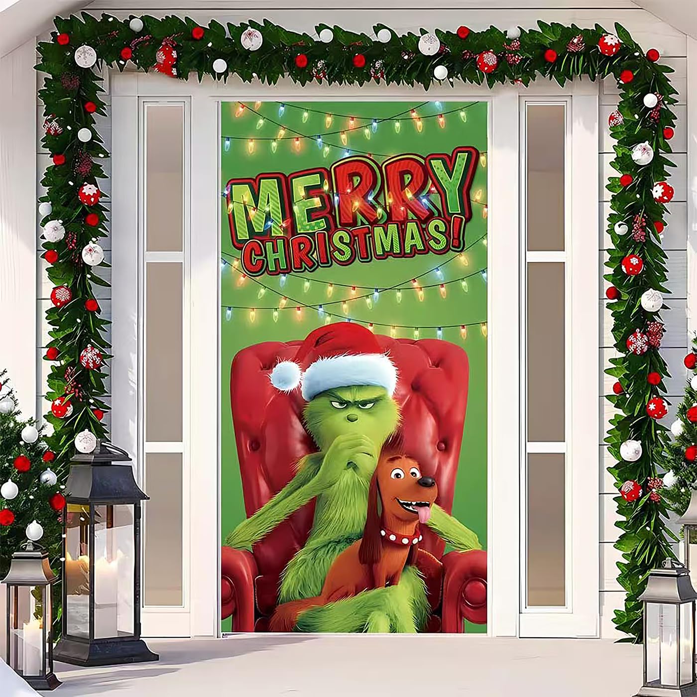luoshuangfei Nueva cortina de puerta de Navidad, fondo de banner Grinch, decoraciones de vestíbulo, ajuste de escena de vacaciones. (verde c)