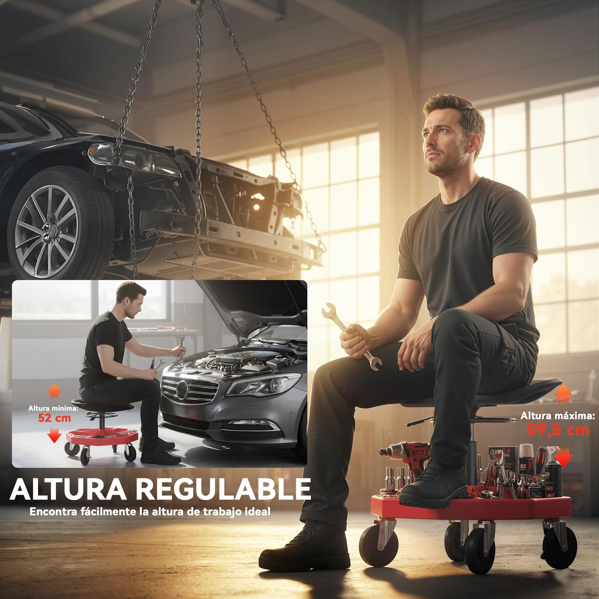 HOMCOM Sgabello da Officina Mobile con Vassoio Magnetico, Altezza Regolabile 52-59,5 cm, carico 135 kg, Sgabello da Meccanico con Ruote, per Garage, riparazioni automobilistiche, Rosso